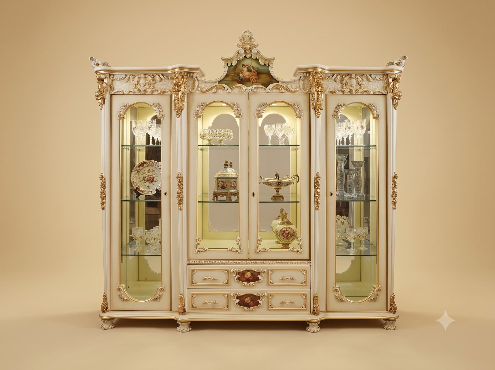 Luxury Showcase in Carved Teak with Painted Pediment and Lighting