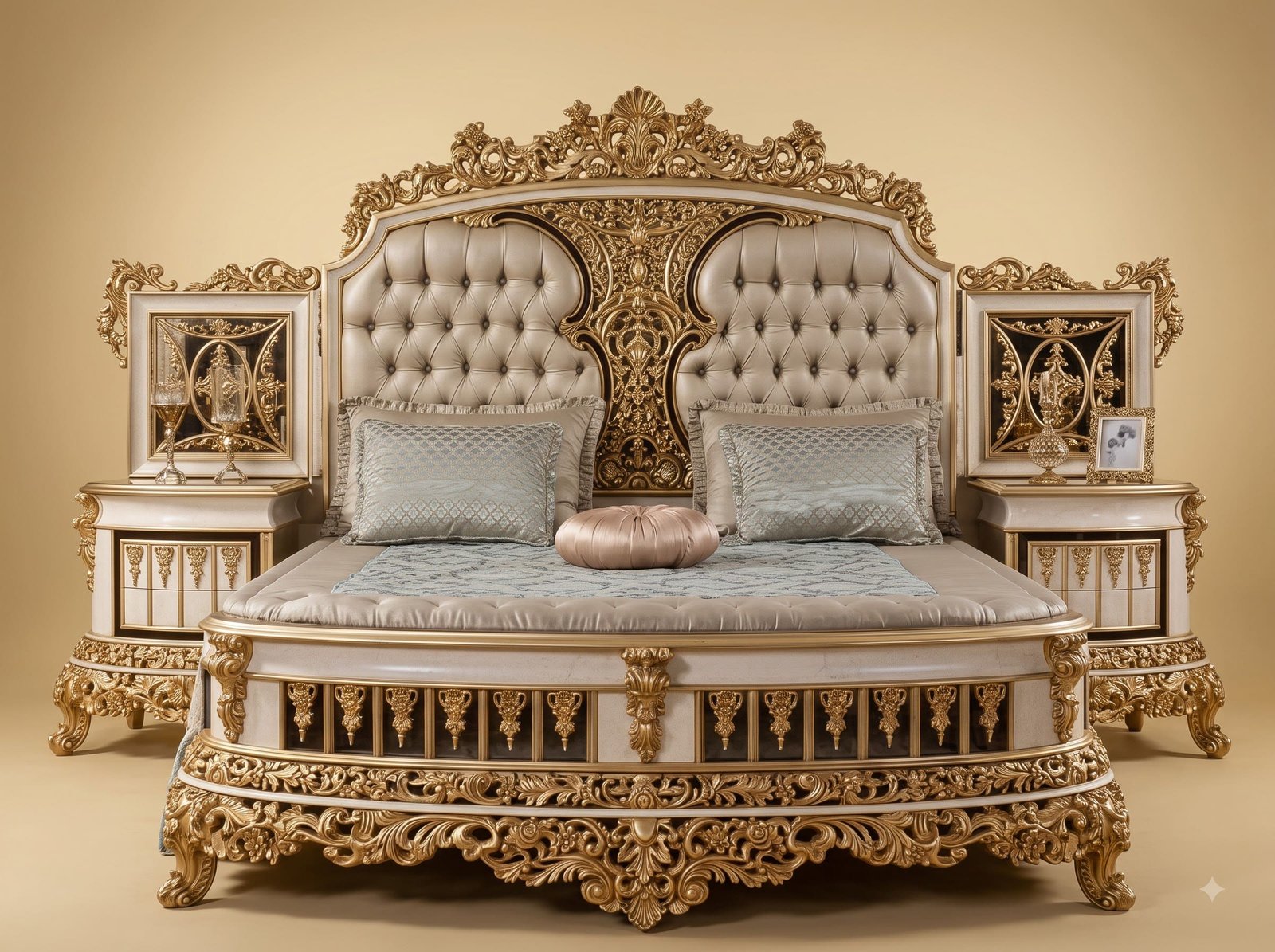 Royal Luxury Handcrafted Carved Teak Wood Bedroom Set | Ivory and Gold Bed