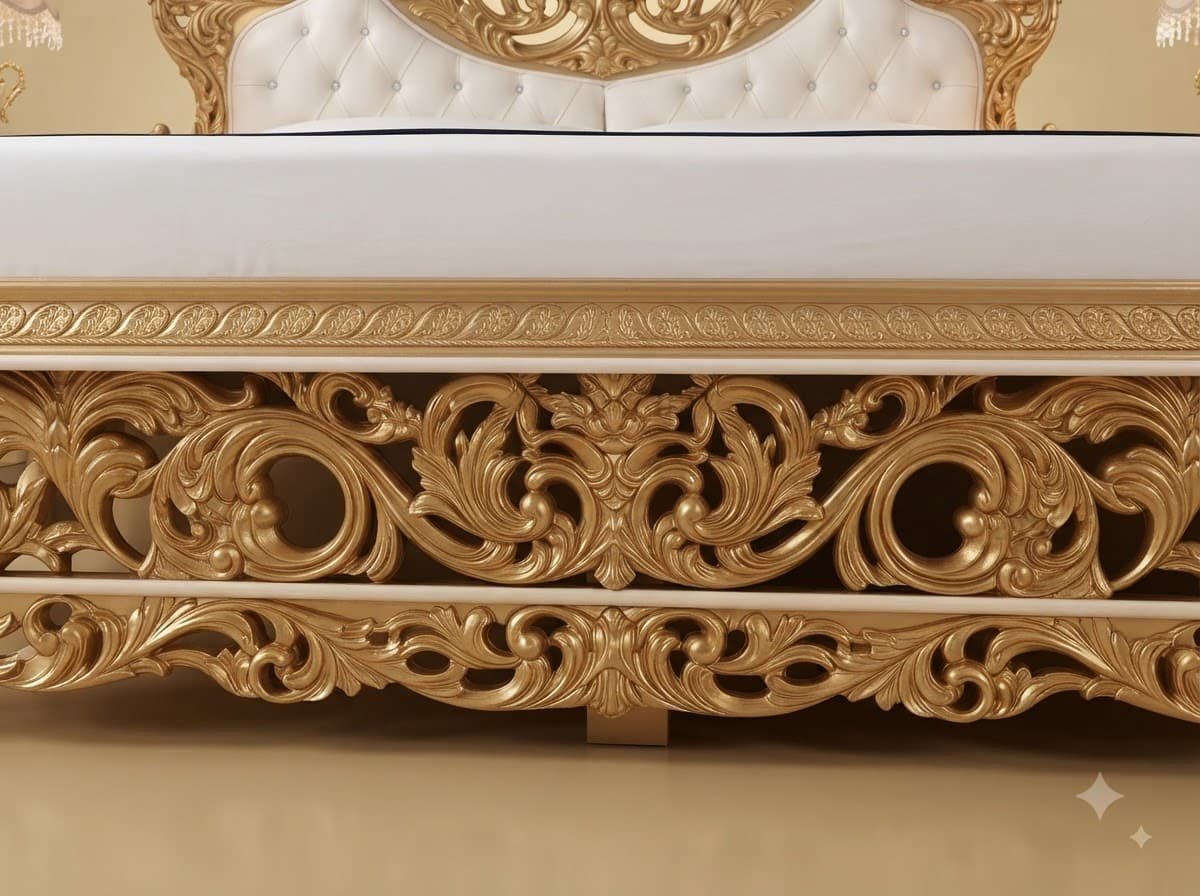 Gold Carved King Size Bed - Pierced Openwork Headboard and Footboard - Image 3