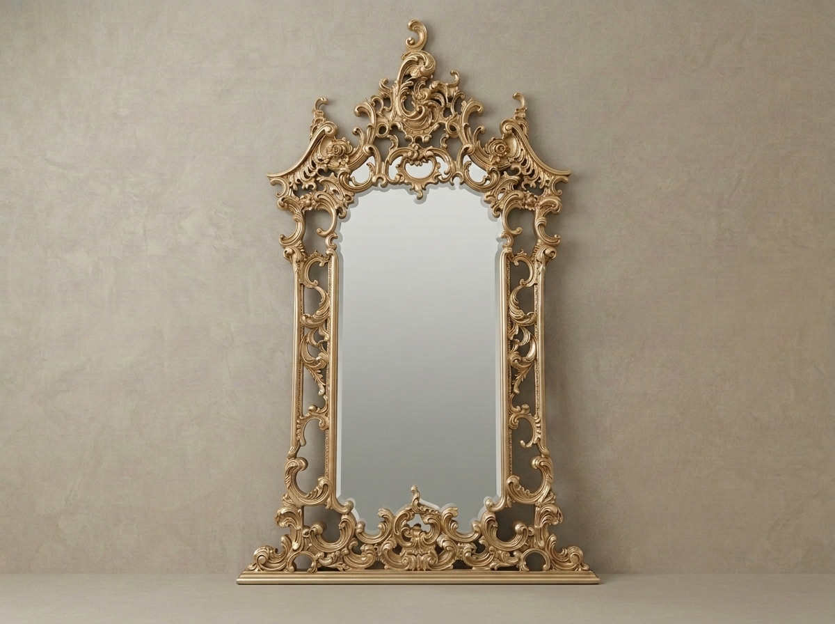 Baroque Style Hand Carved Royal Golden Teak Wood Mirror Frame | Distressed Finish Ornate Italian Luxury Wall Mirror
