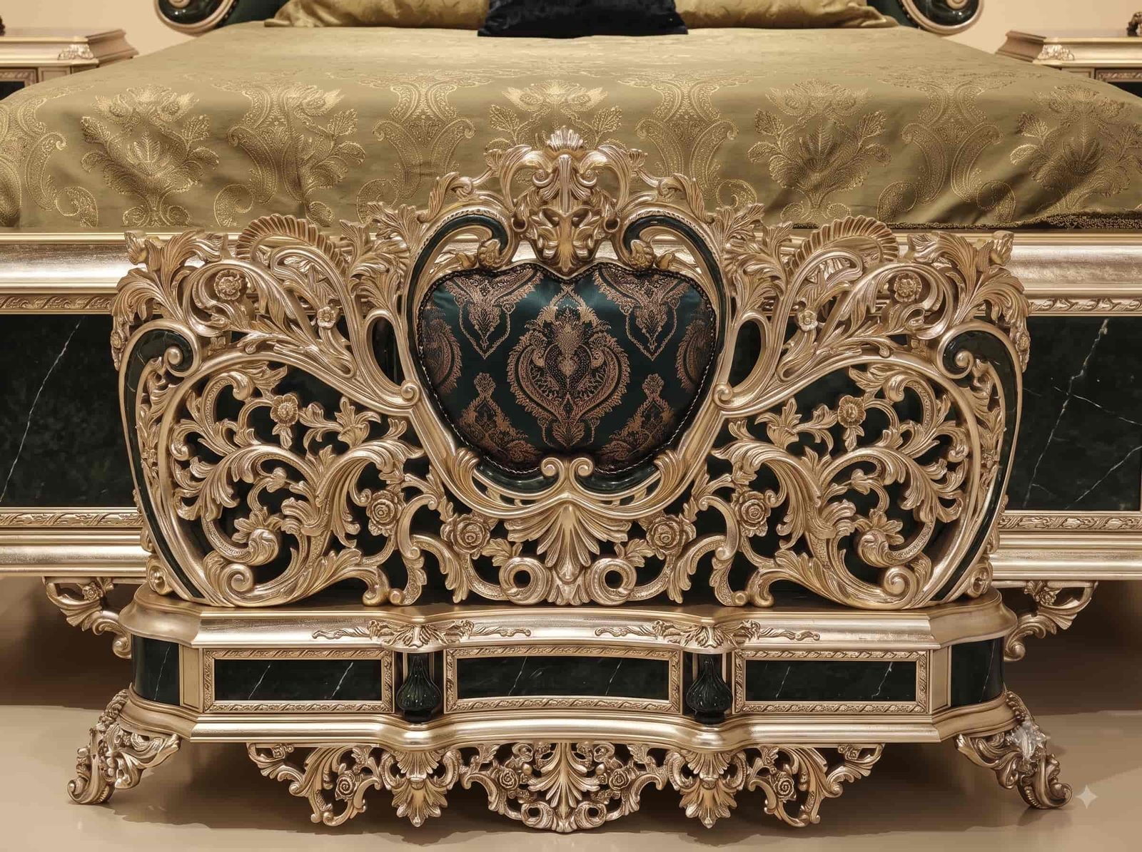 Emerald Green Bed in Carved Teak - Silver Frame with Tufted Headboard - Image 2