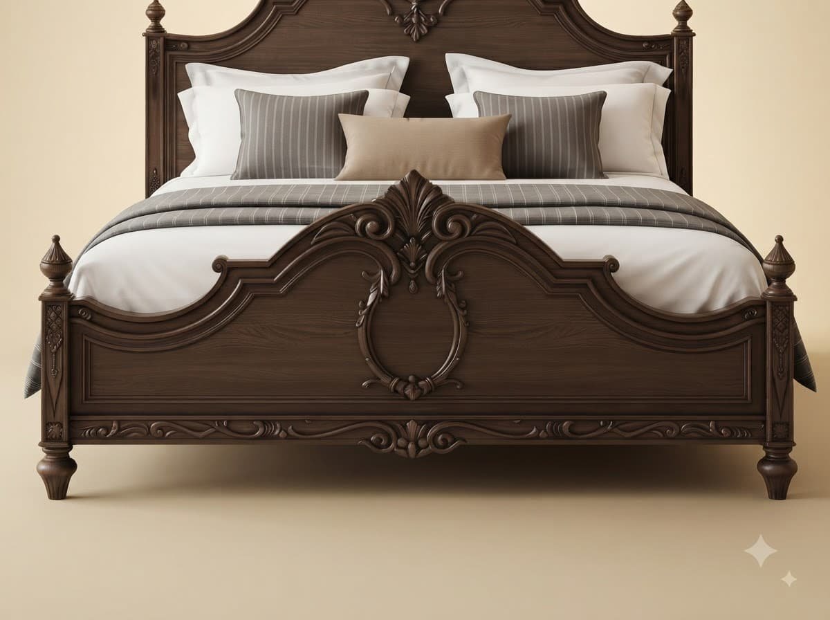 Solid Wood King Size Bed in Dark Walnut - Carved Teak Panelled Design - Image 3