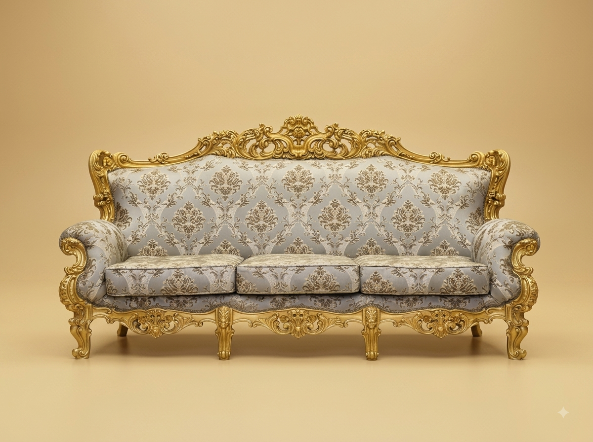 Royal Luxury Carved Teak Wood 3 Seater Sofa Set | Grey and Gold Damask