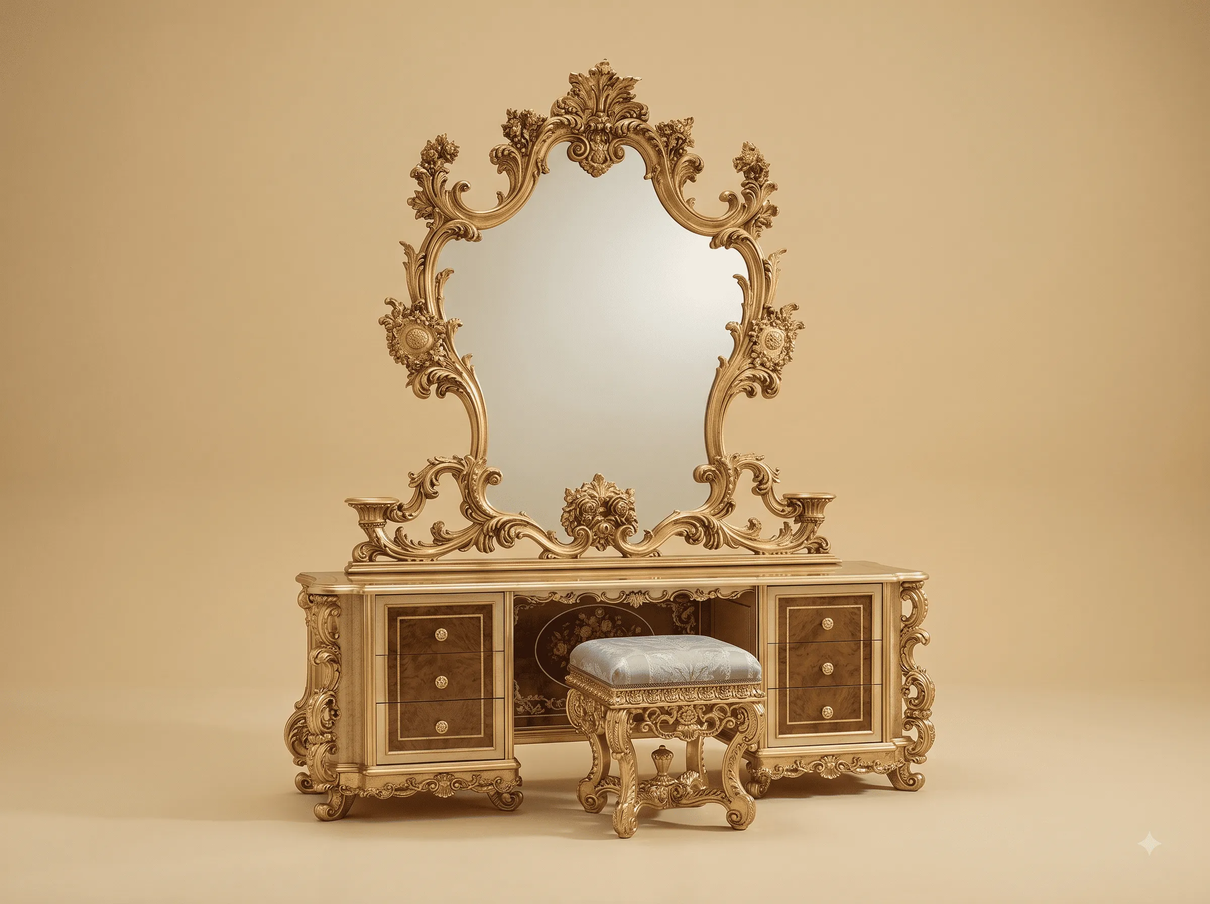 Classic Dressing Table in Carved Teak - Cream and Gold with Six Drawers