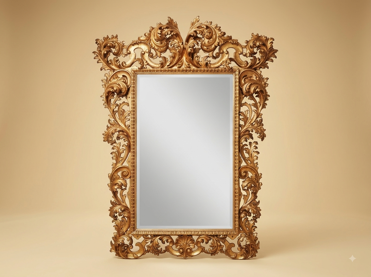 Hand-Carved Teak Wood Baroque Wall Mirror | Gold Acanthus Crest Bevelled Glass