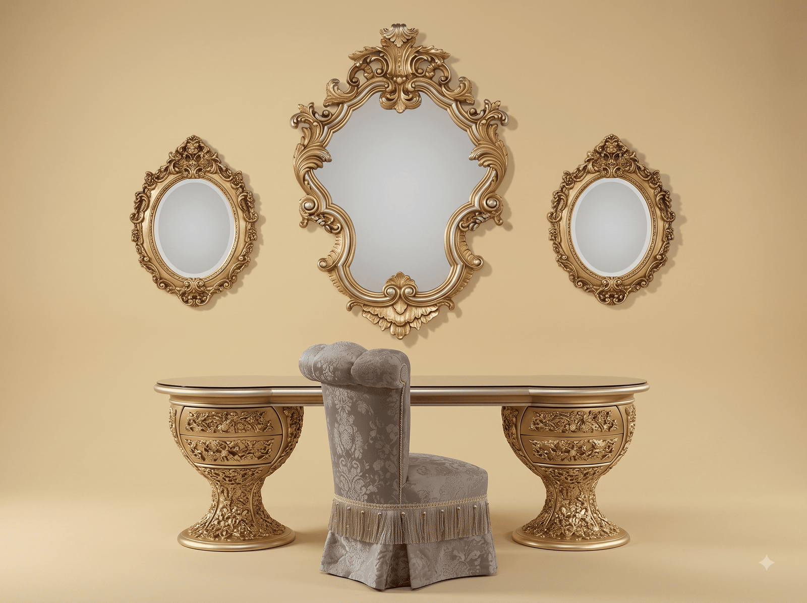 Designer Dressing Table in Carved Teak - Gold Leaf with Three Wall Mirrors
