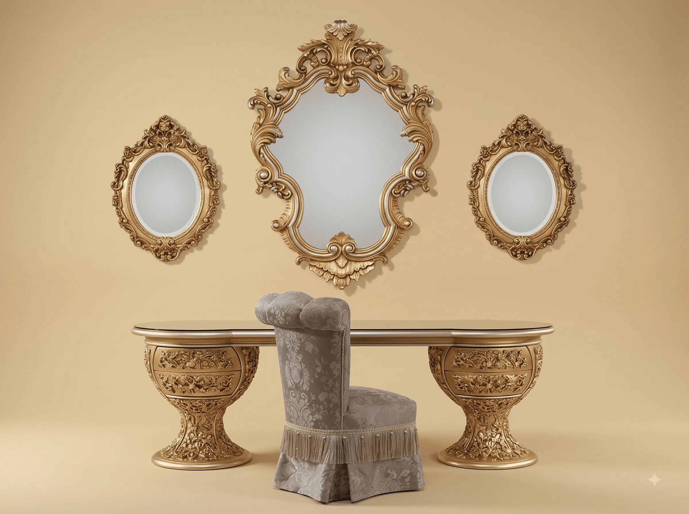 Designer Dressing Table in Carved Teak - Gold Leaf with Three Wall Mirrors