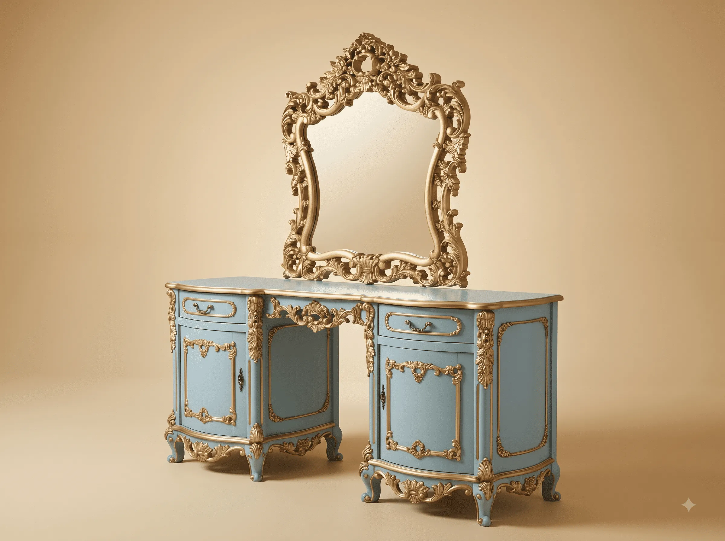 Dressing Table for Bedroom in Carved Teak - Powder Blue with Gold Carving