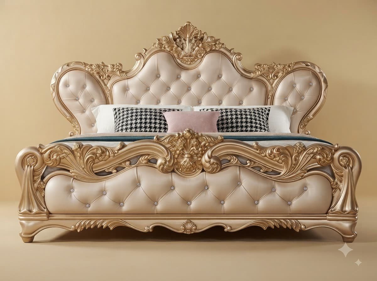 Wing Headboard King Size Bed in Carved Teak - Champagne Gold with Side Tables - Image 3