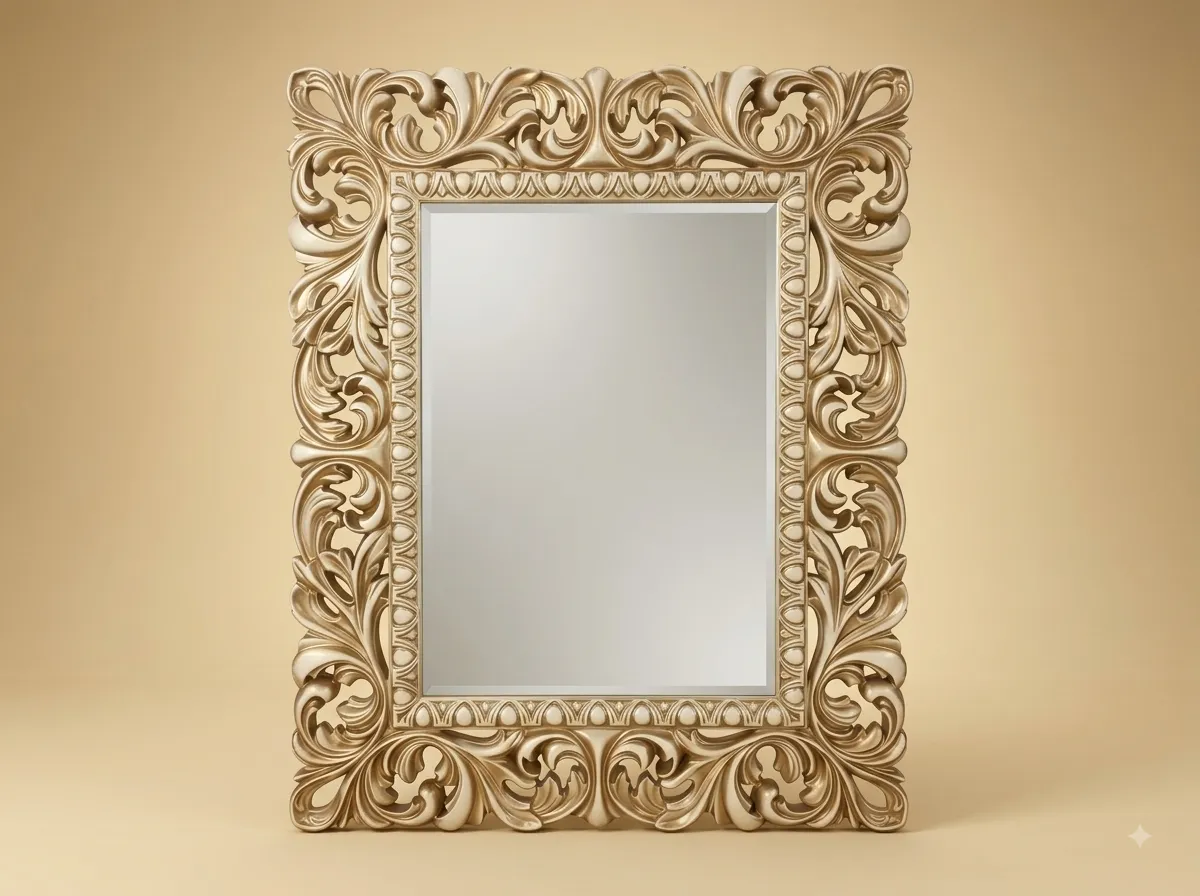 Hand-Carved Teak Wood Champagne Gold Mirror | Pierced Acanthus Wide Frame