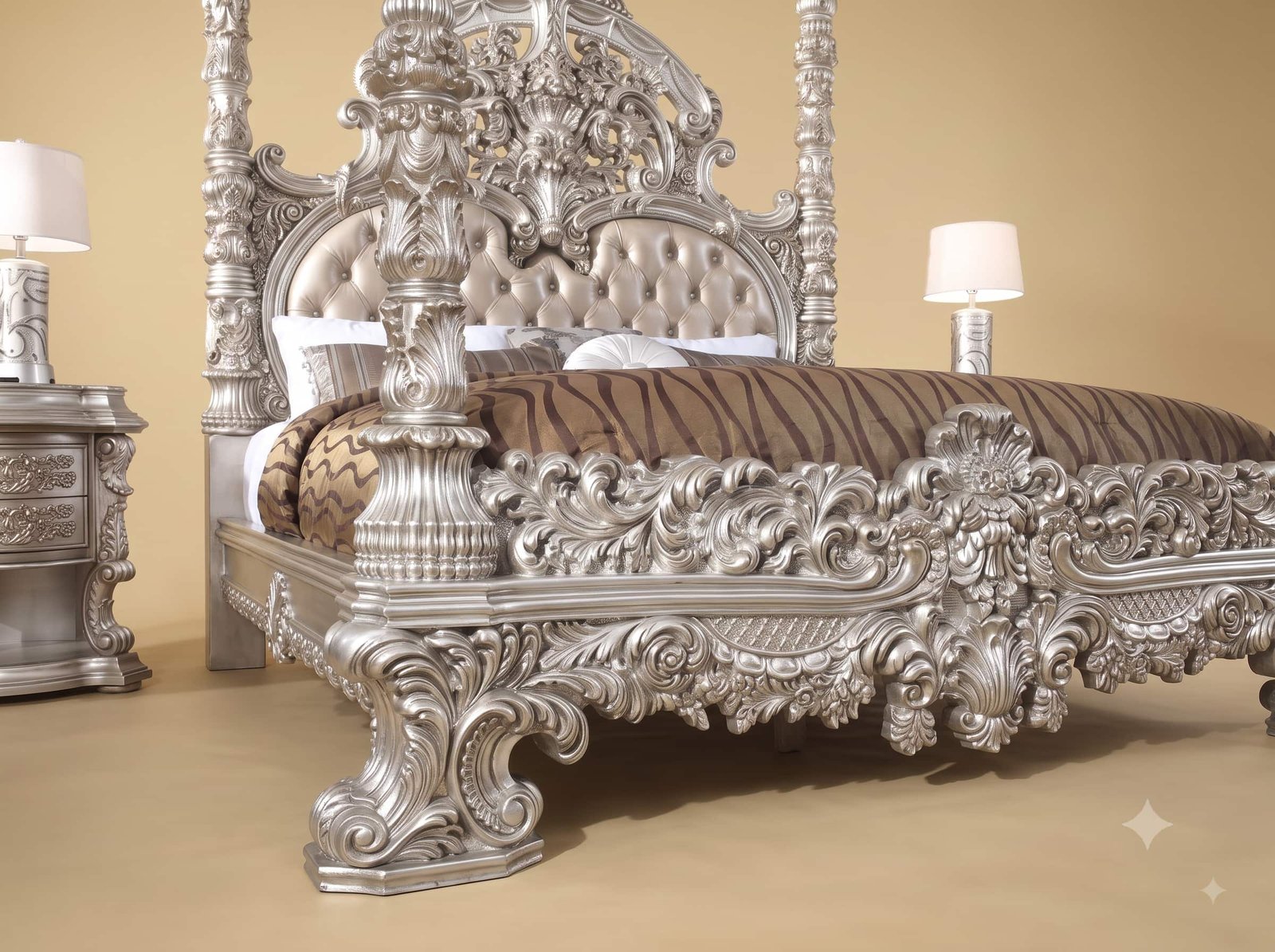 Four Poster Bed in Carved Teak - Silver Finish with Tufted Headboard - Image 2