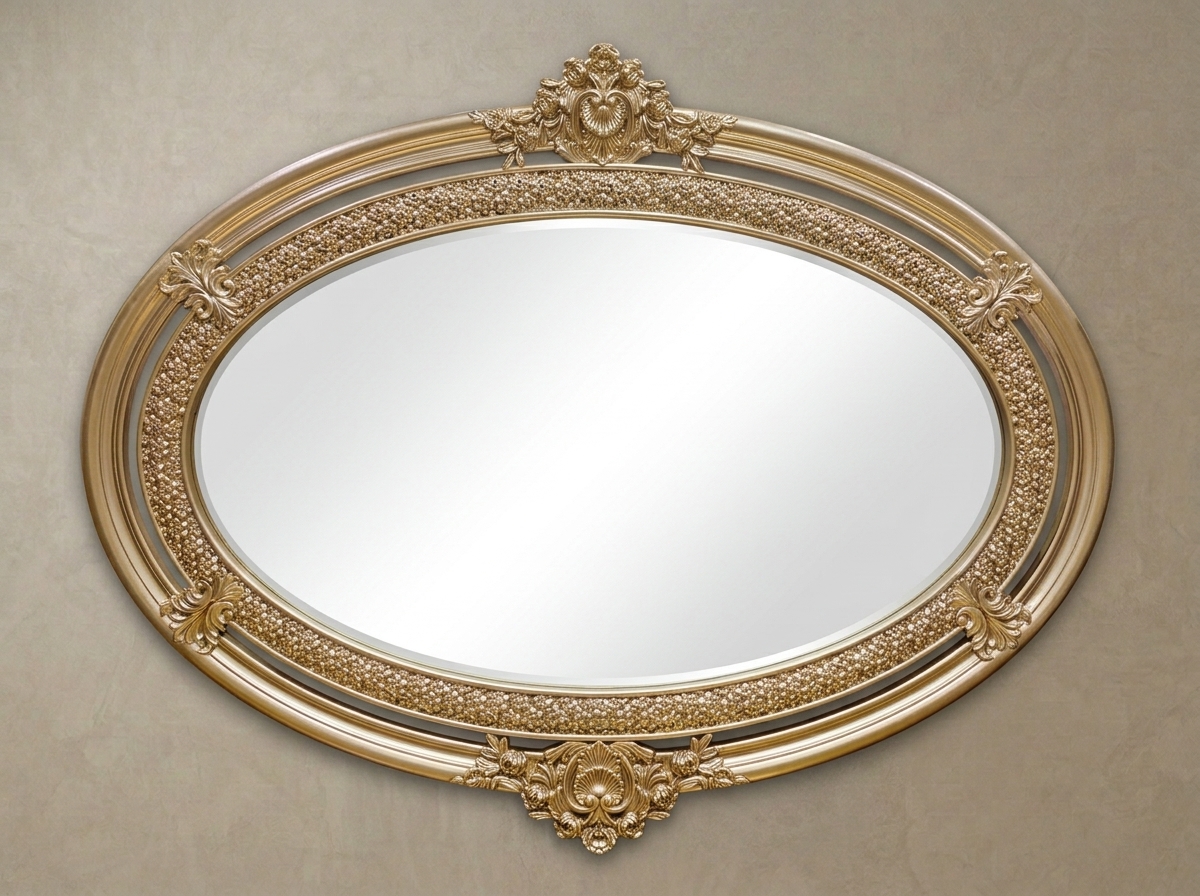 Luxury Classic Style Floral Ribbon Carved Teak Wood Mirror Frame | Royal Golden Italian PU Polish Oval Wall Mirror