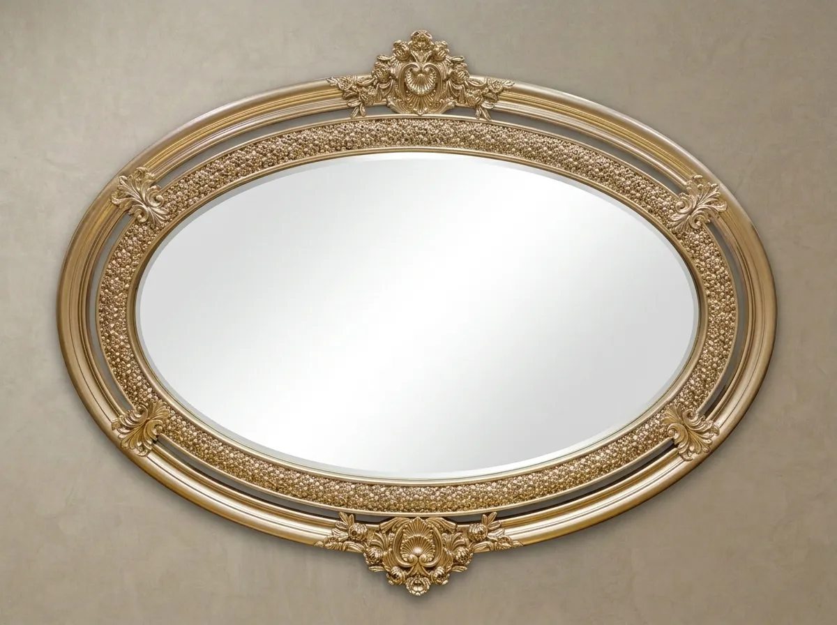 Luxury Classic Style Floral Ribbon Carved Teak Wood Mirror Frame | Royal Golden Italian PU Polish Oval Wall Mirror