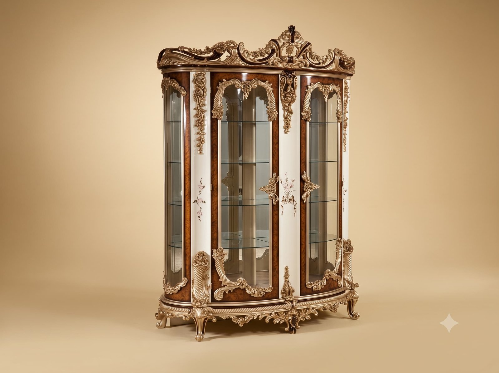 Teak Wood Showcase in Walnut and Cream with Silver Carving