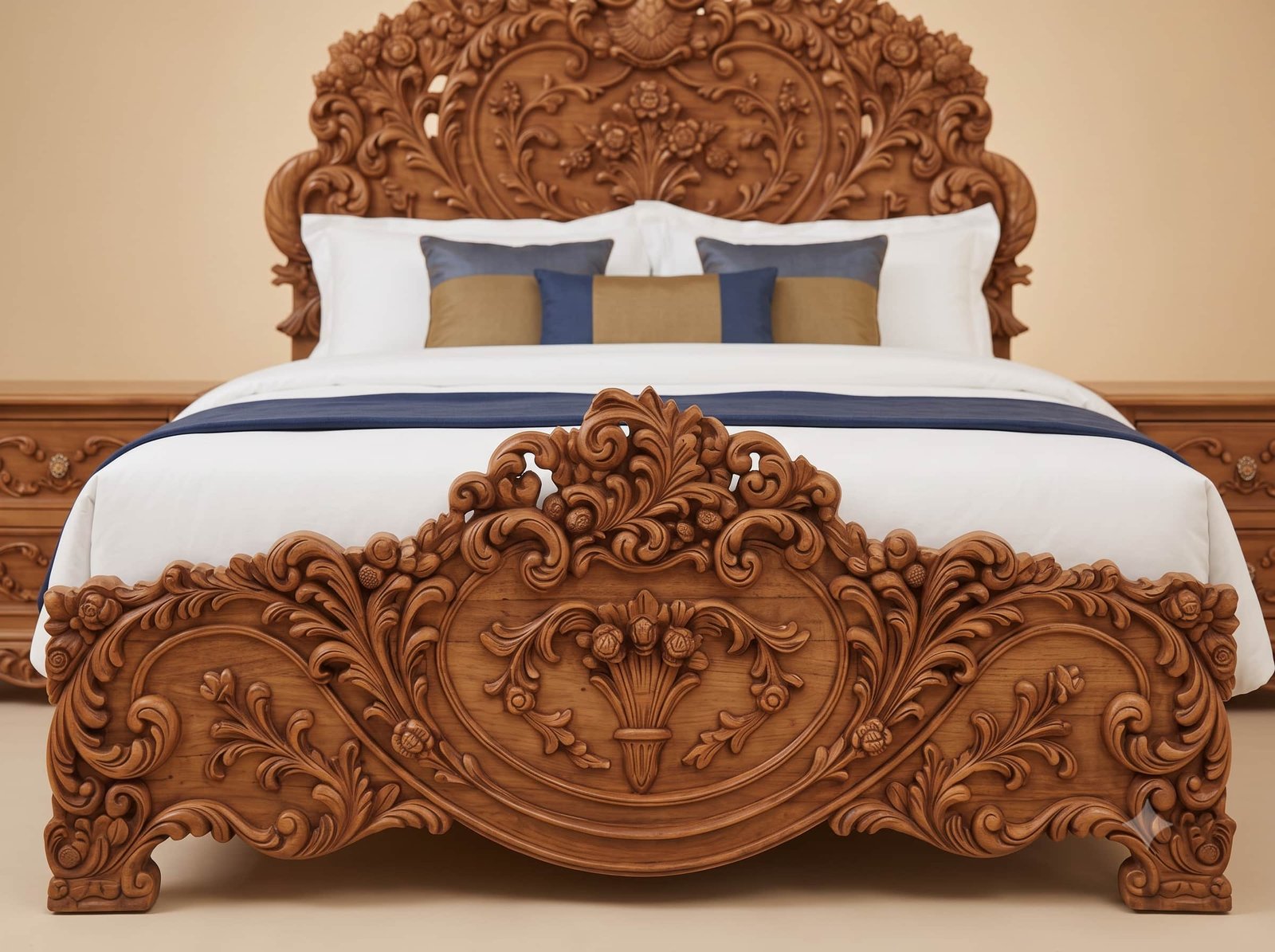 Solid Teak Bed in Natural Finish - Tall Pierced Headboard with Flowers - Image 3