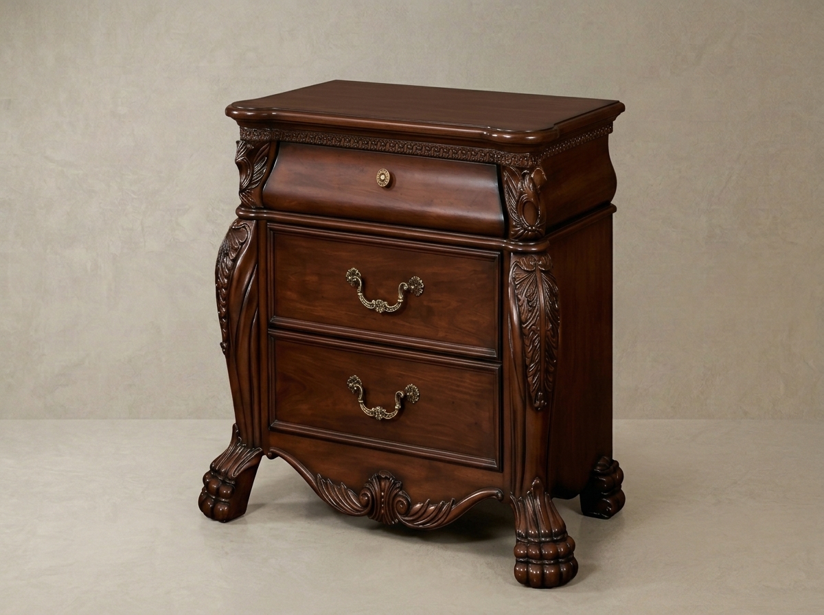 Acme Vendome Traditional Two-Drawer Luxury Nightstand in Cherry | Solid Wood Carved Bedside Table with Storage