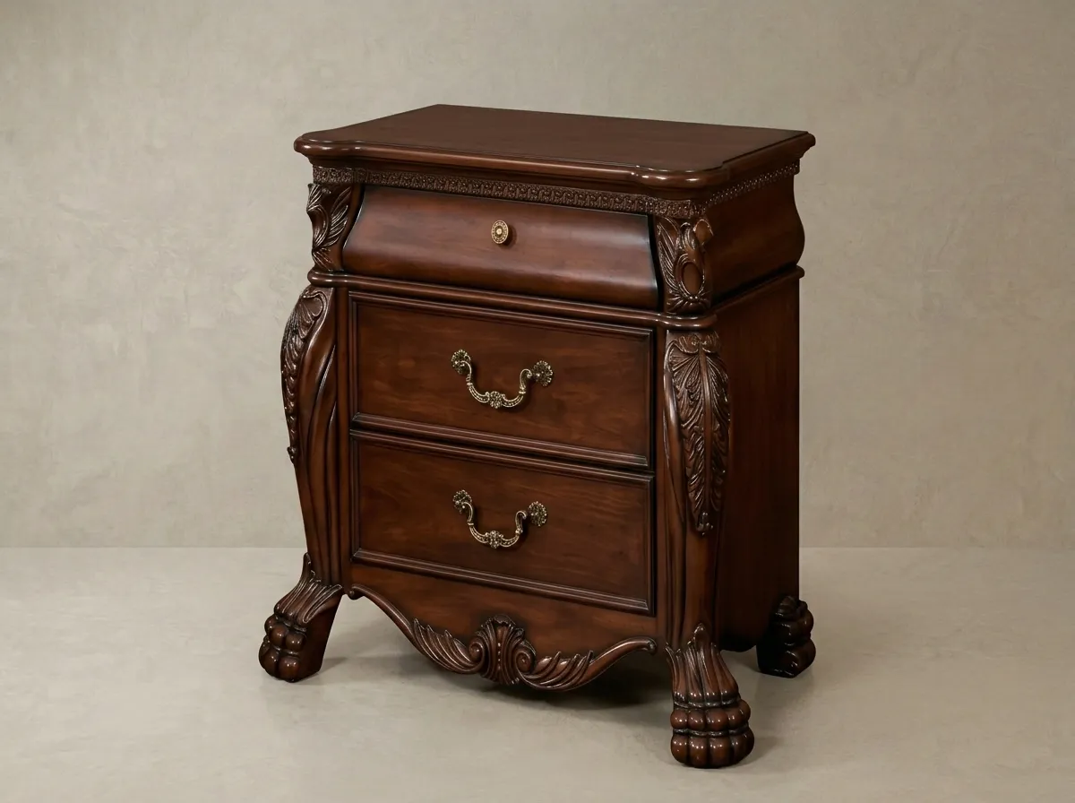 Acme Vendome Traditional Two-Drawer Luxury Nightstand in Cherry | Solid Wood Carved Bedside Table with Storage