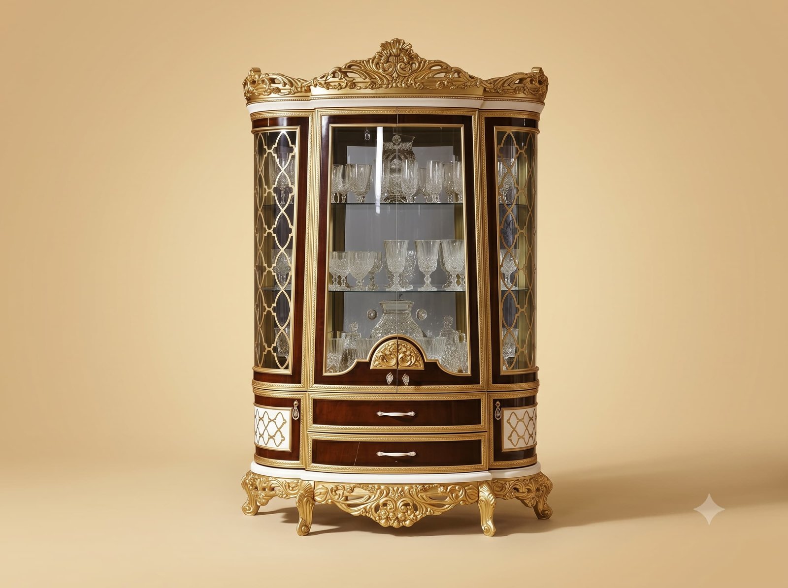 Crockery Showcase in Carved Teak with Lattice Glazed Doors