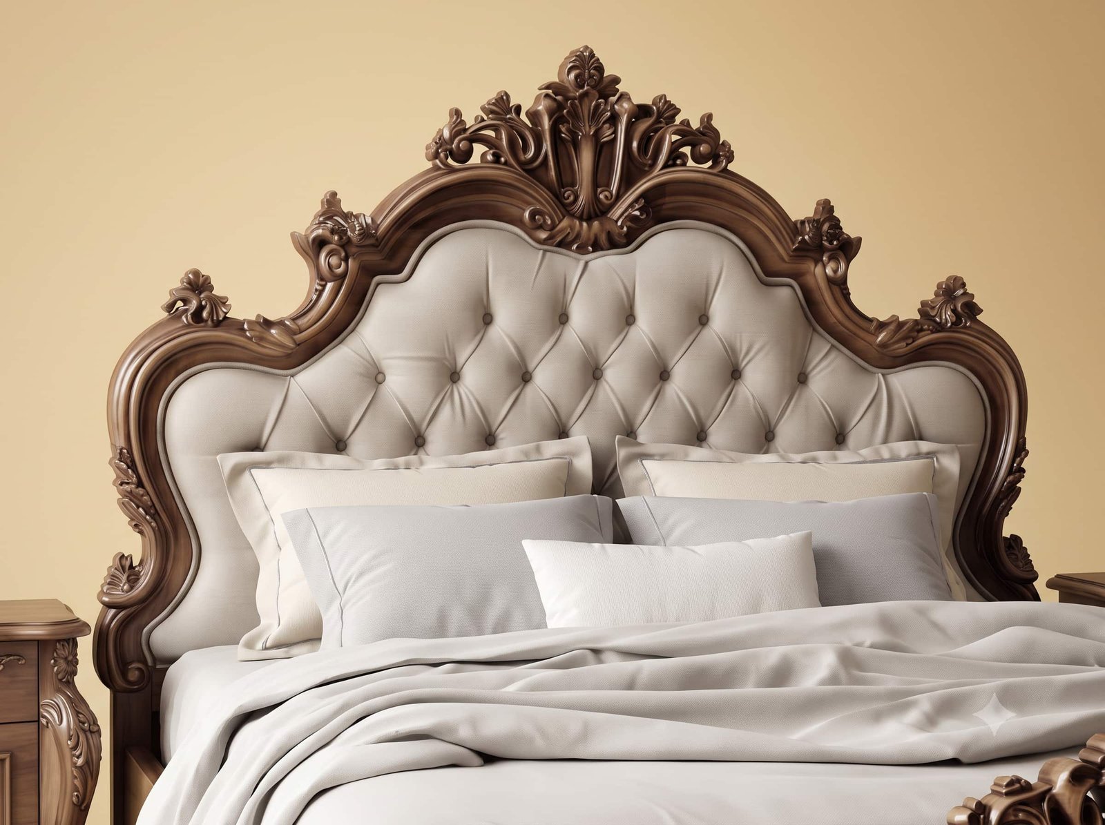 Grey Bed Design in Carved Teak - Walnut Frame with Tufted Panels - Image 4