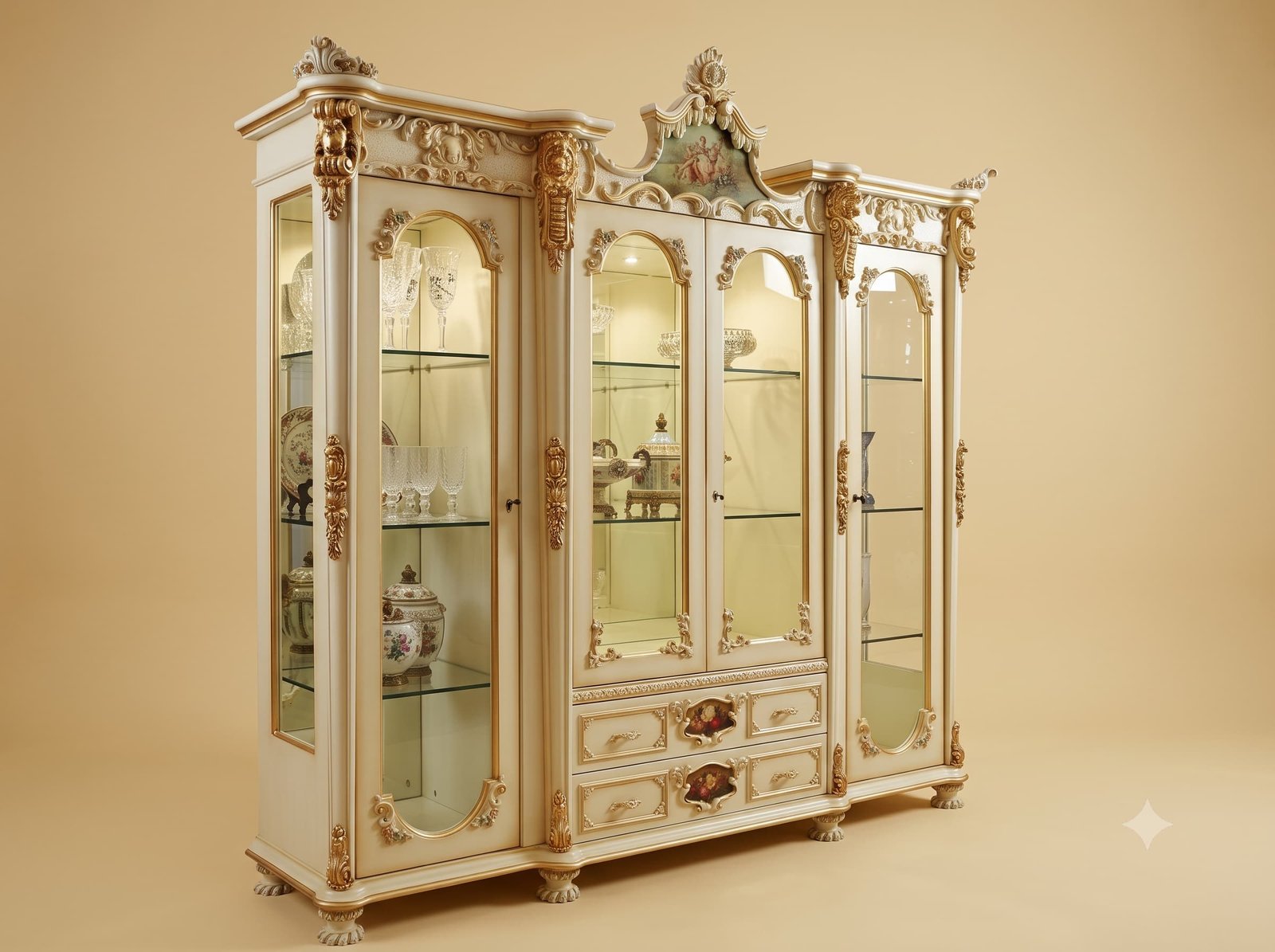 Dinner Set Cabinet in Ivory and Gold with Painted Pediment