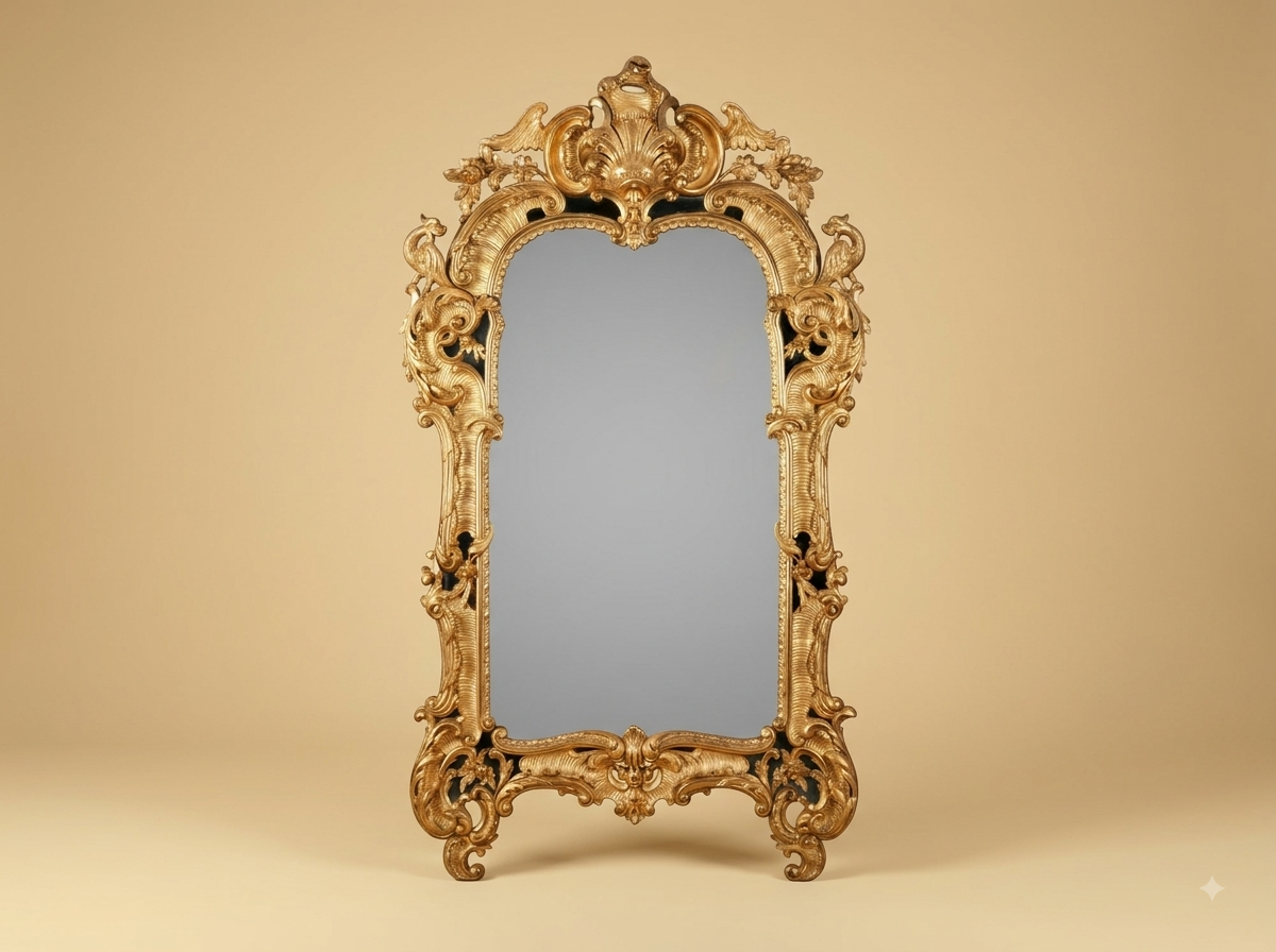 Hand-Carved Teak Wood Rococo Arched Mirror | Gold Shell Crest and Margin Plates