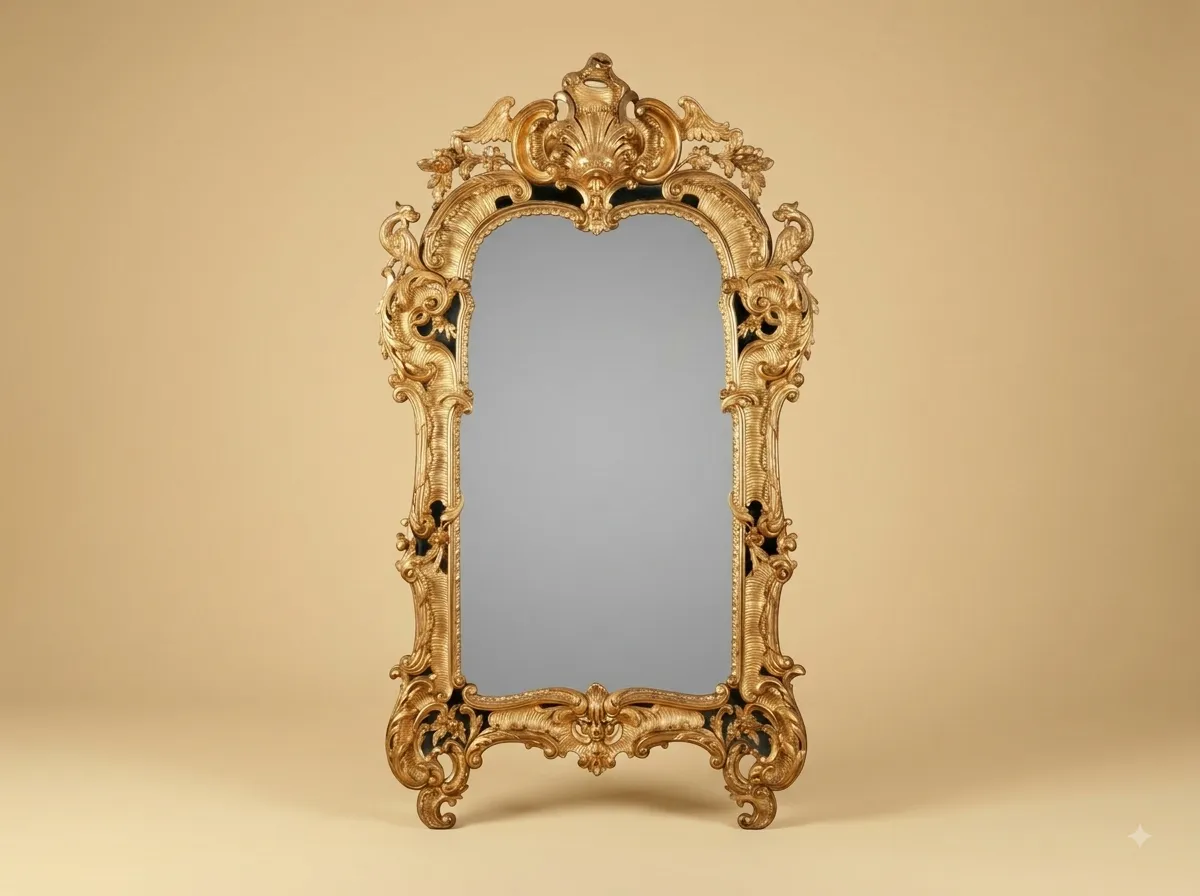 Hand-Carved Teak Wood Rococo Arched Mirror | Gold Shell Crest and Margin Plates