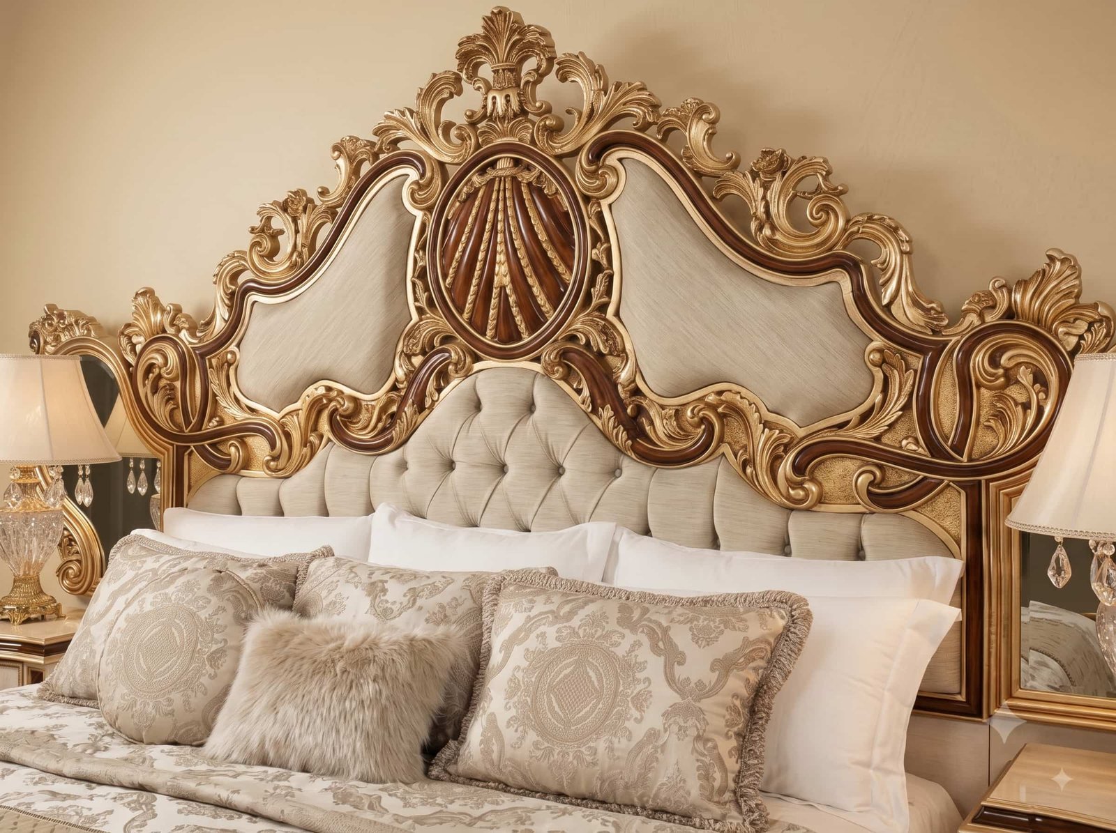 Wide Headboard Bed in Carved Teak - Gold and Rosewood Bedroom Set - Image 4