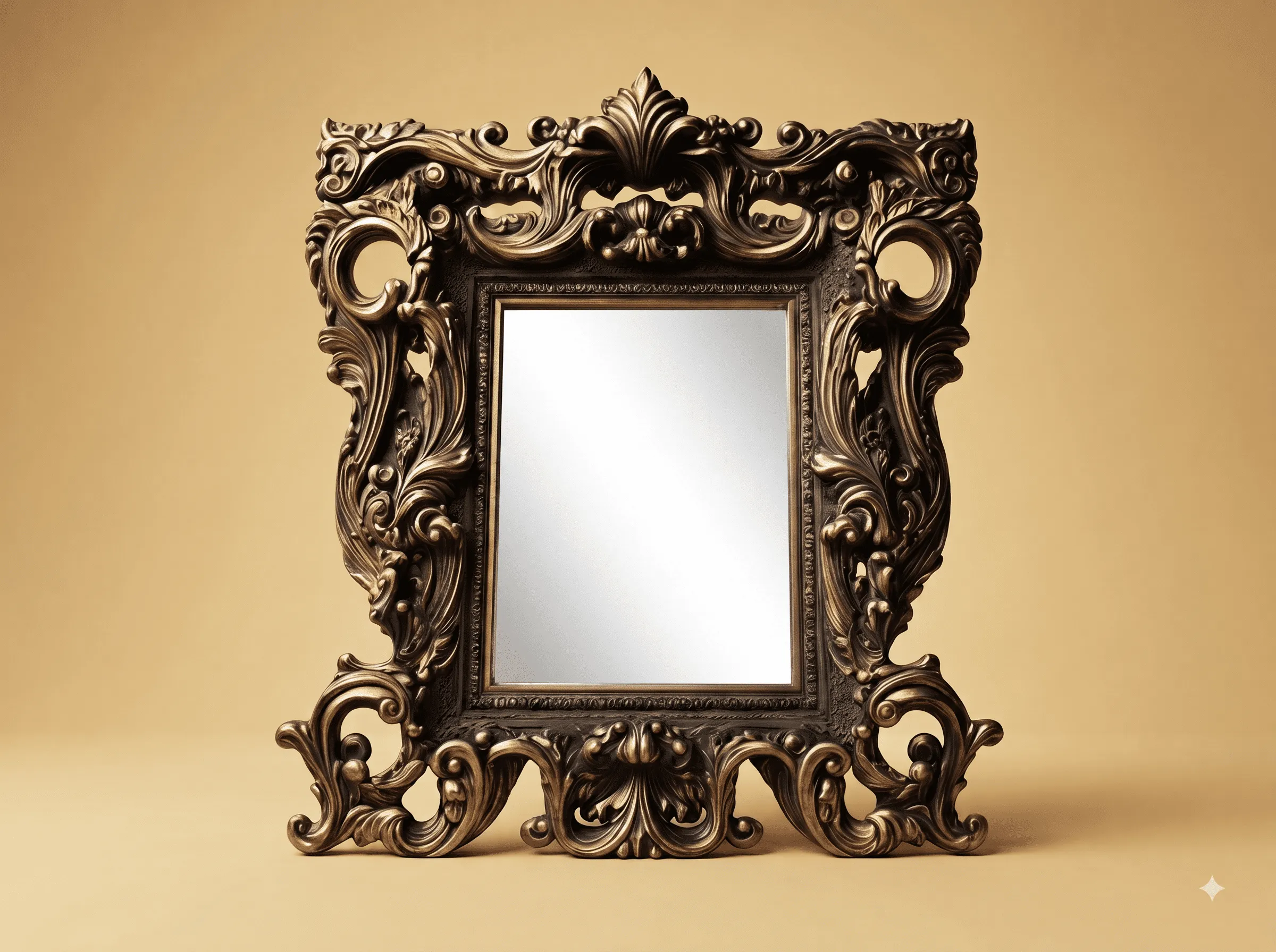 Hand-Carved Teak Wood Wall Mirror | Antique Bronze Openwork Scroll Frame