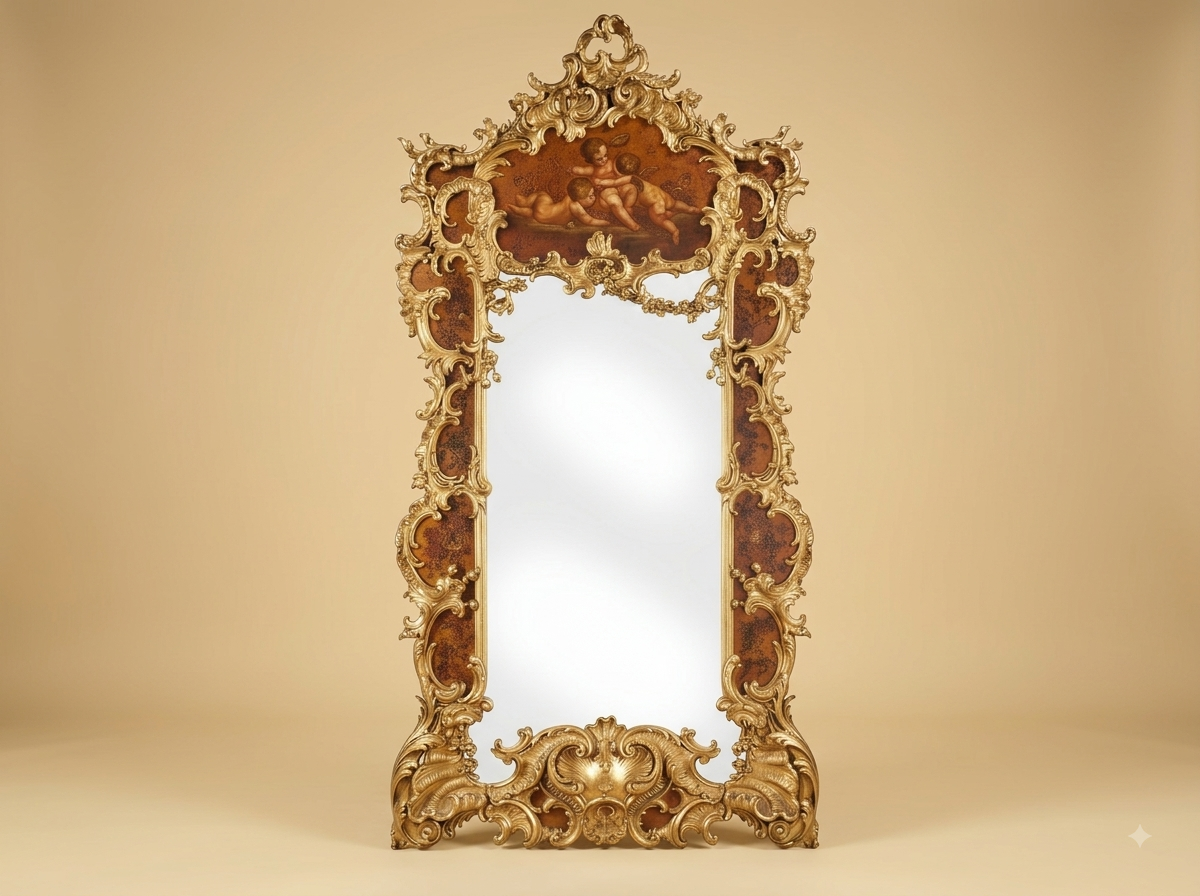 Hand-Carved Teak Wood Pier Mirror | Gold Rococo Frame with Painted Cherub Panel