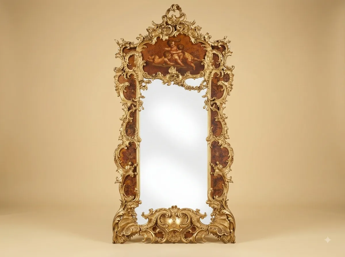 Hand-Carved Teak Wood Pier Mirror | Gold Rococo Frame with Painted Cherub Panel