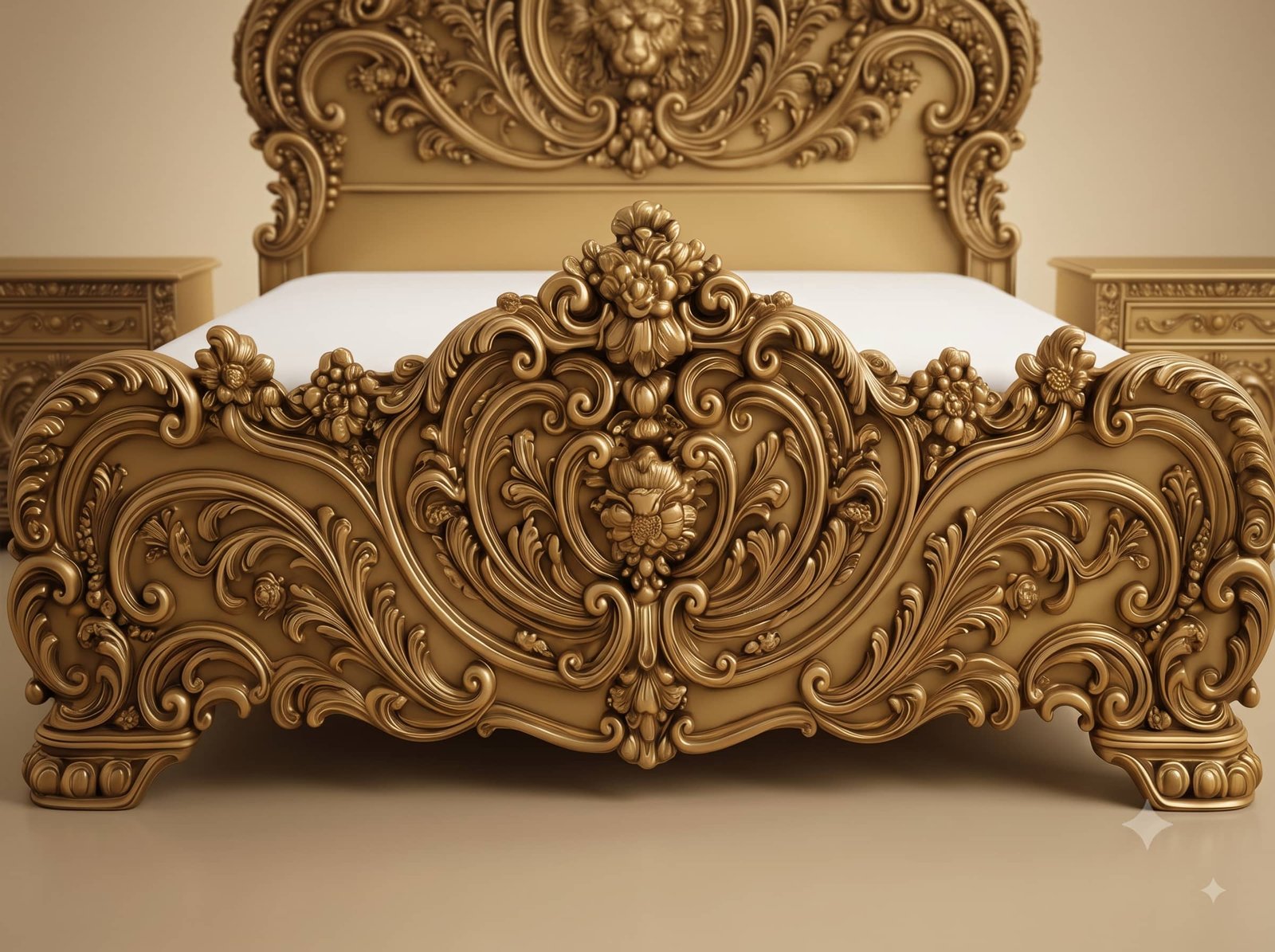 Hand Carved Wooden Bed in Teak - Lion Mask Headboard in Antique Gold - Image 3