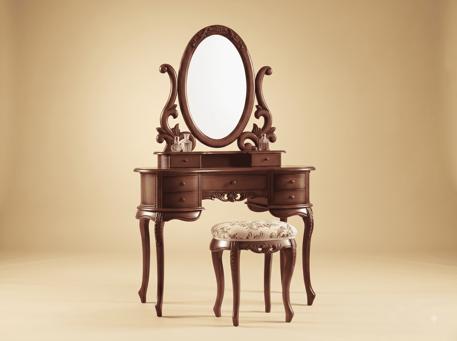Teak Wood Dressing Table in Walnut Finish - Oval Swing Mirror and Stool
