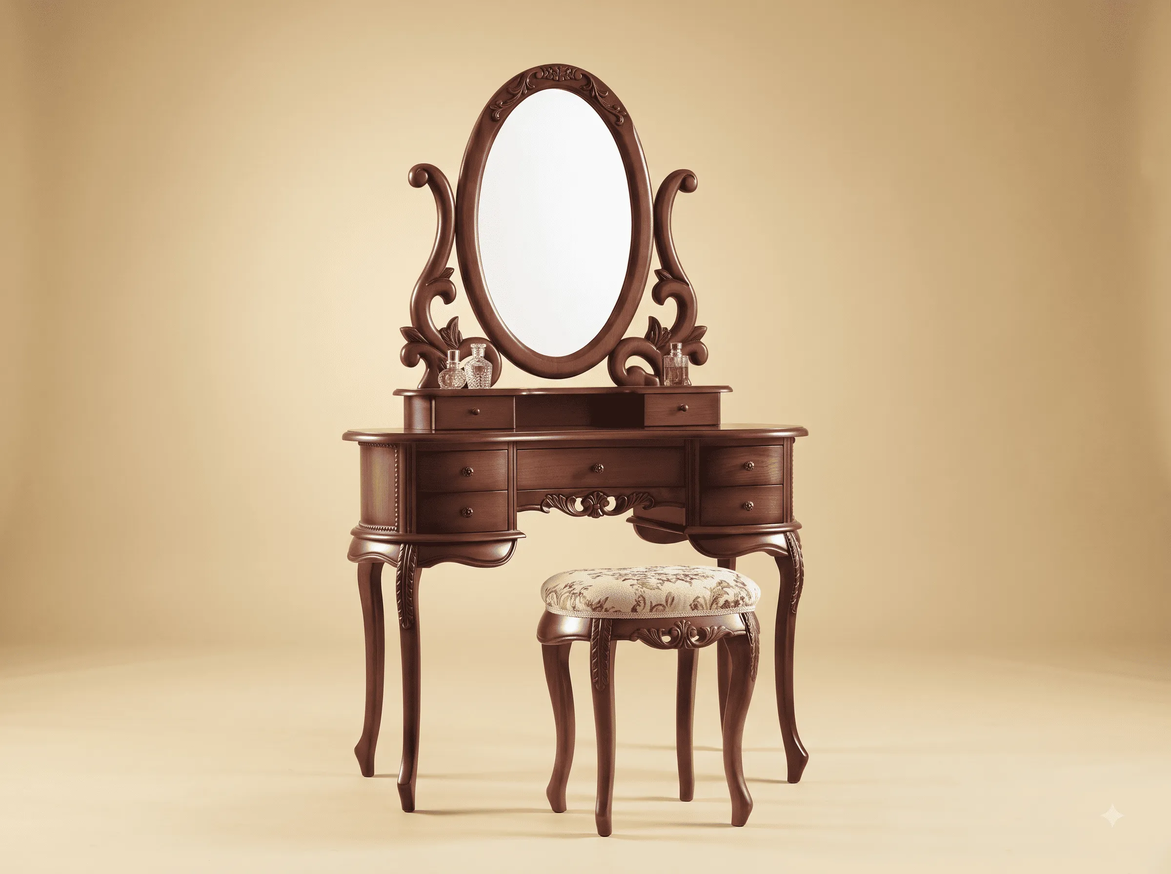 Teak Wood Dressing Table in Walnut Finish - Oval Swing Mirror and Stool