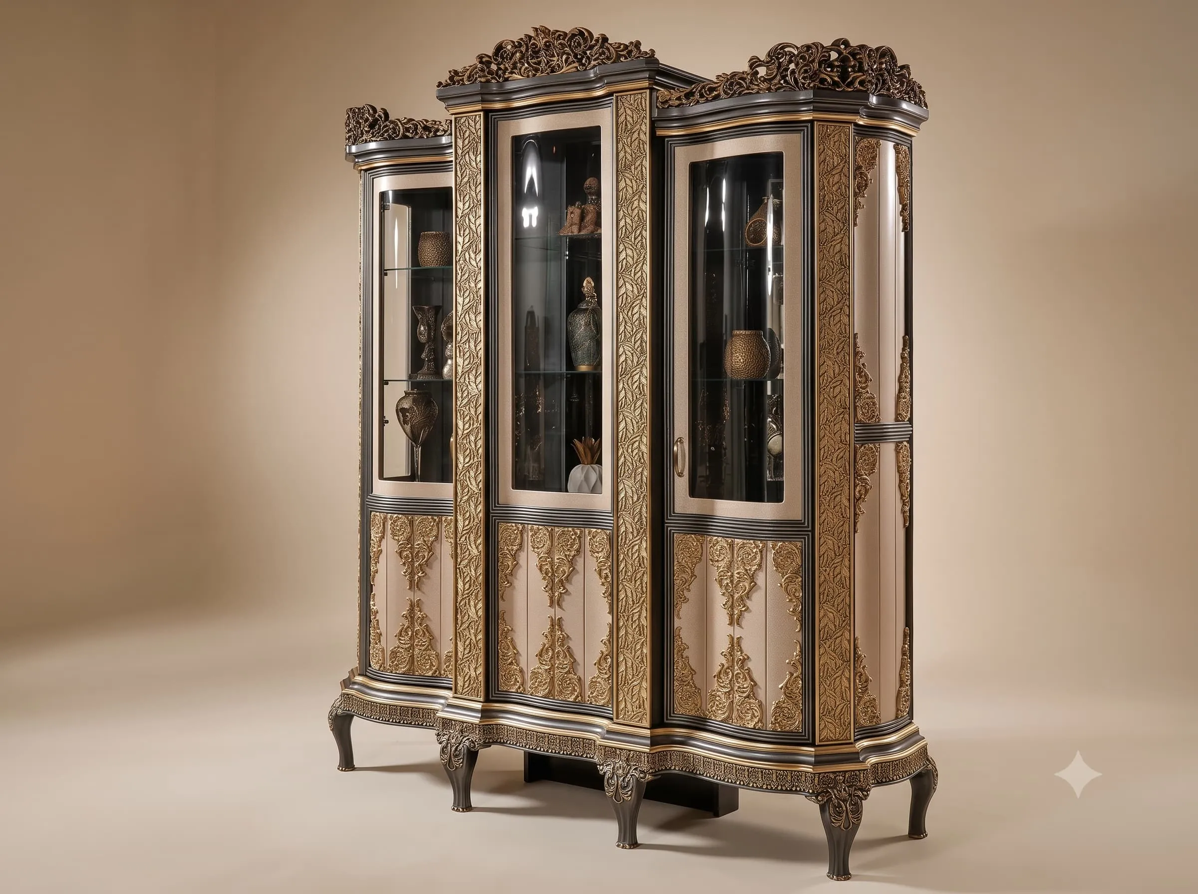 Showcase Cupboard in Taupe and Gold with Raised Damask Panels
