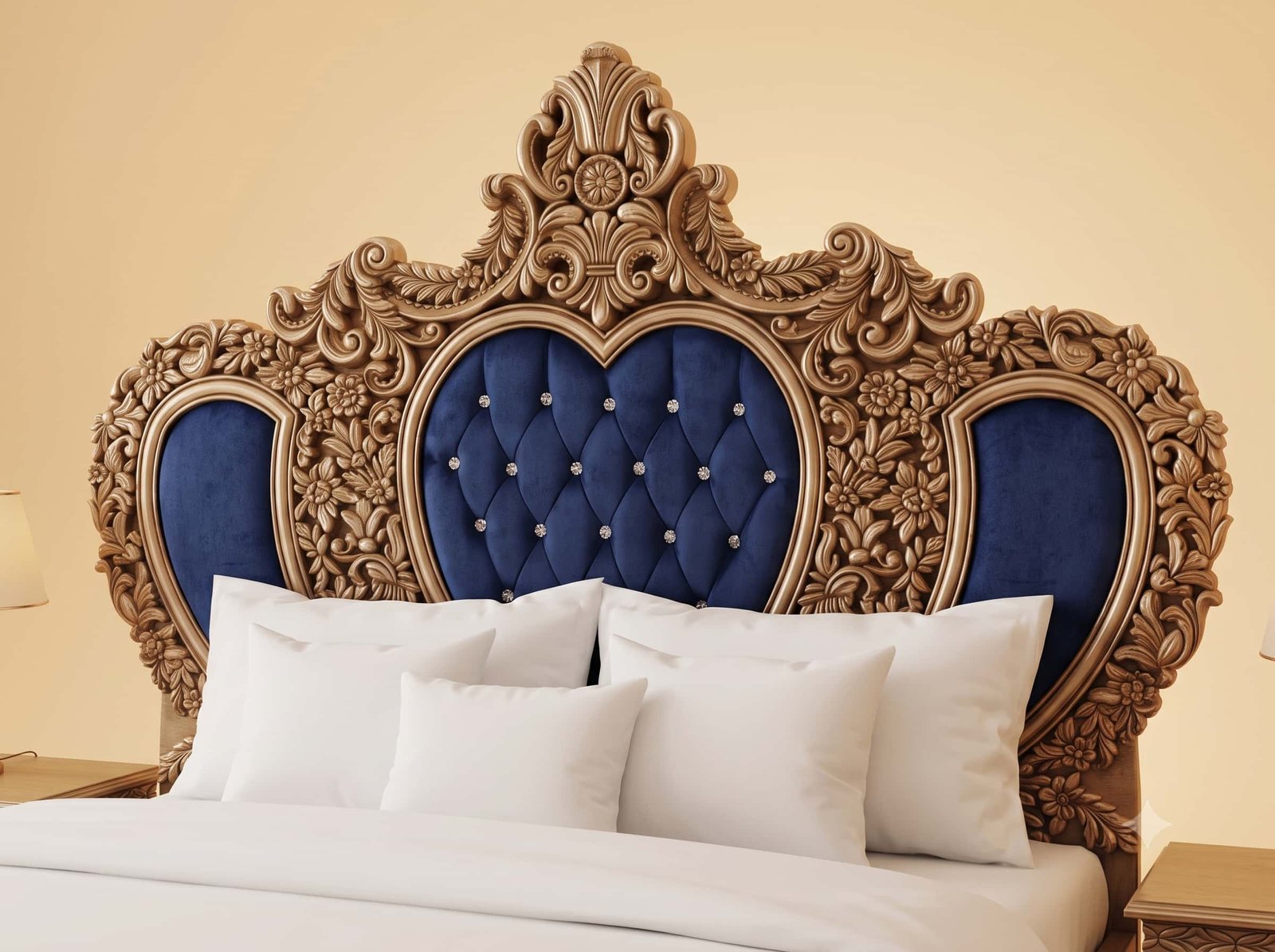 Royal Blue Bed in Carved Teak - Crystal Buttoned Velvet Panels - Image 4