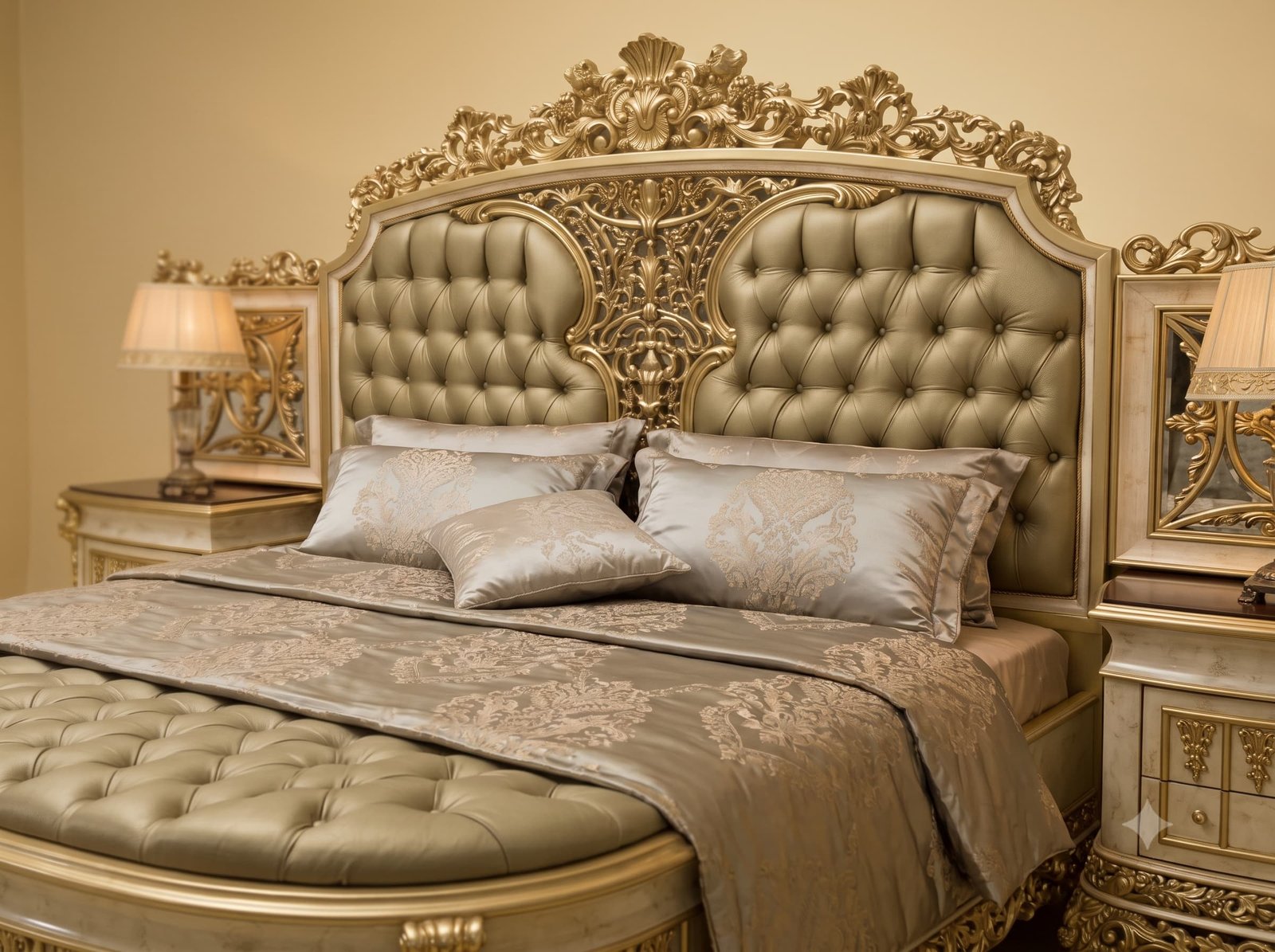 King Size Bed with Bow Footboard in Carved Teak - Gold and Champagne - Image 4