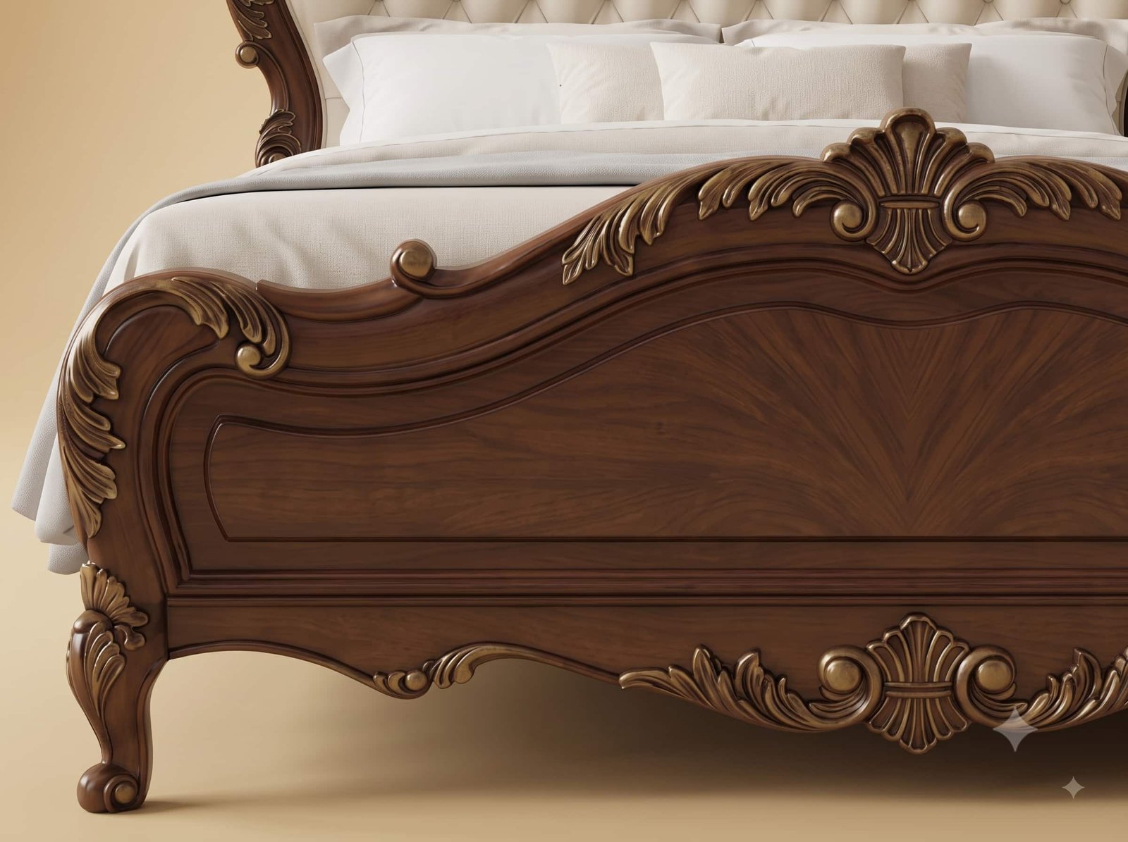 Teak Wood Bed Design in Walnut Finish - Cream Buttoned Headboard - Image 2