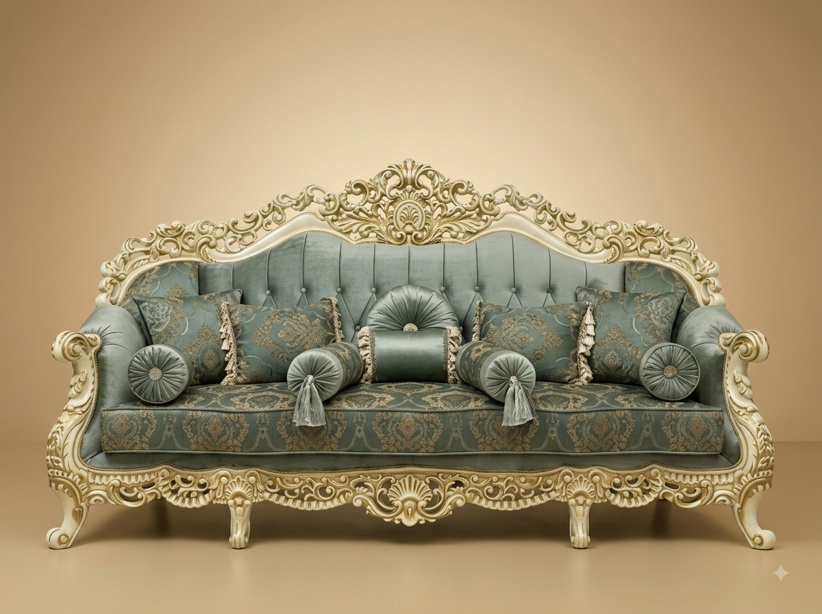 Royal Luxury Handcrafted Carved Teak 3 Seater Sofa | Sage Velvet and Gold