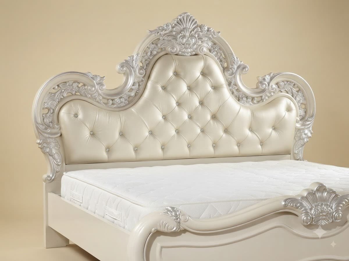 White and Silver King Size Bed - Carved Teak with Silver Leaf Detail - Image 4