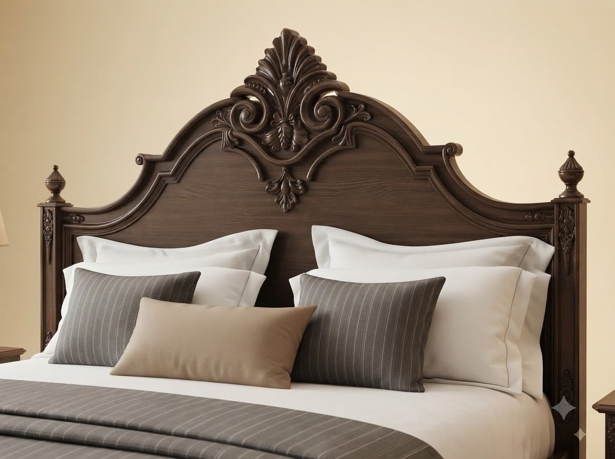 Solid Wood King Size Bed in Dark Walnut - Carved Teak Panelled Design - Image 4
