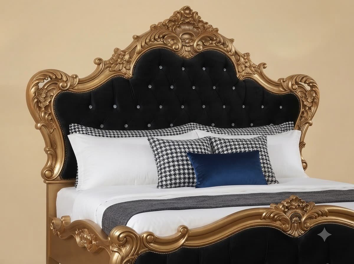 Black and Gold King Size Bed - Carved Teak with Velvet Tufting - Image 4