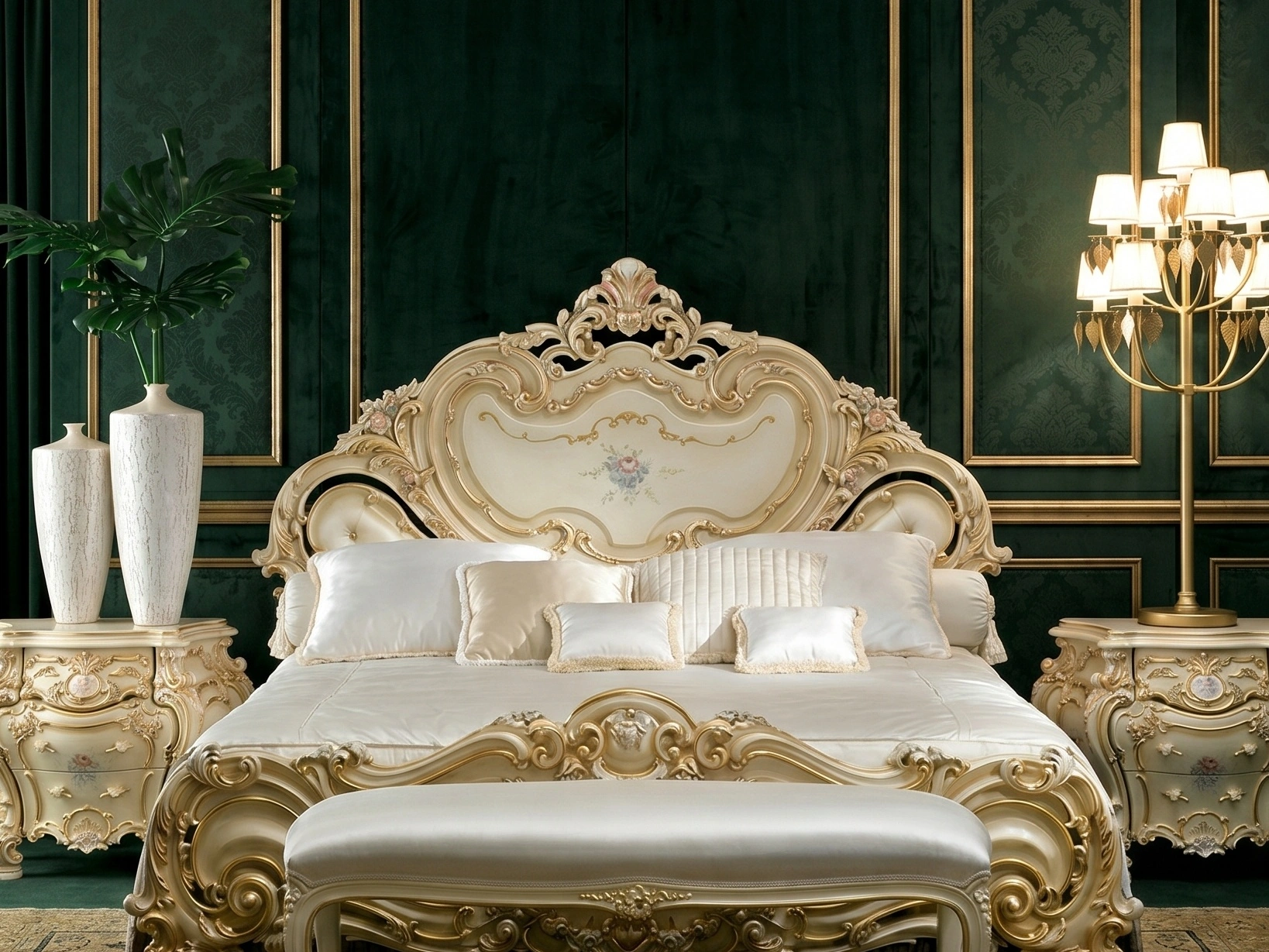Italian Classic Hand-Carved Bedroom Set Featuring Antique Ivory Finish, Floral Hand-Painting, Ornate Baroque Scrollwork And Royal Curved Silhouette Design