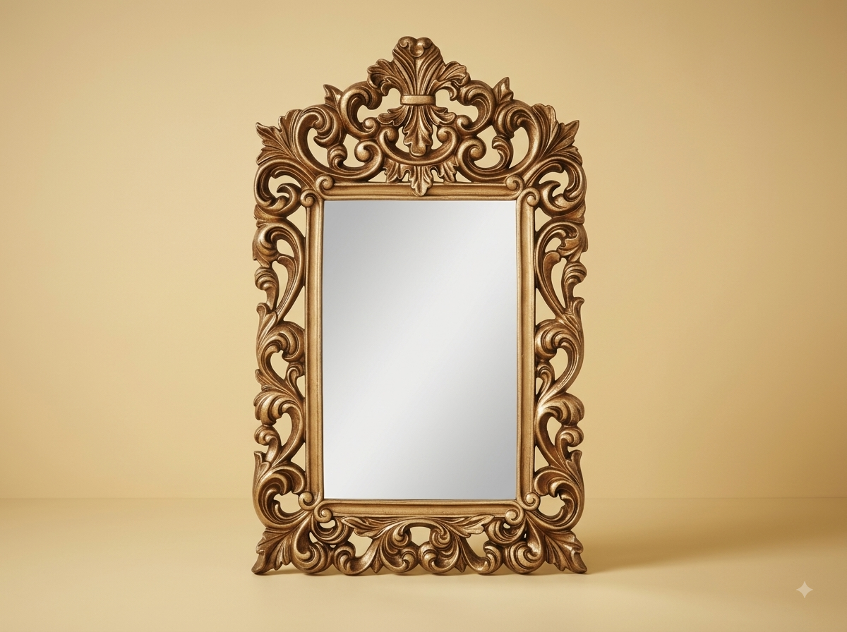 Hand-Carved Teak Wood Scrollwork Wall Mirror | Gold Plume Crest Openwork Frame - Image 1