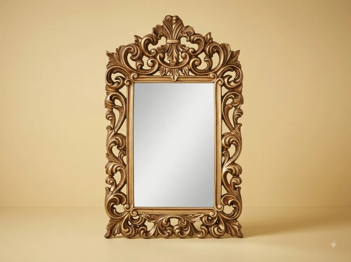 Hand-Carved Teak Wood Scrollwork Wall Mirror | Gold Plume Crest Openwork Frame