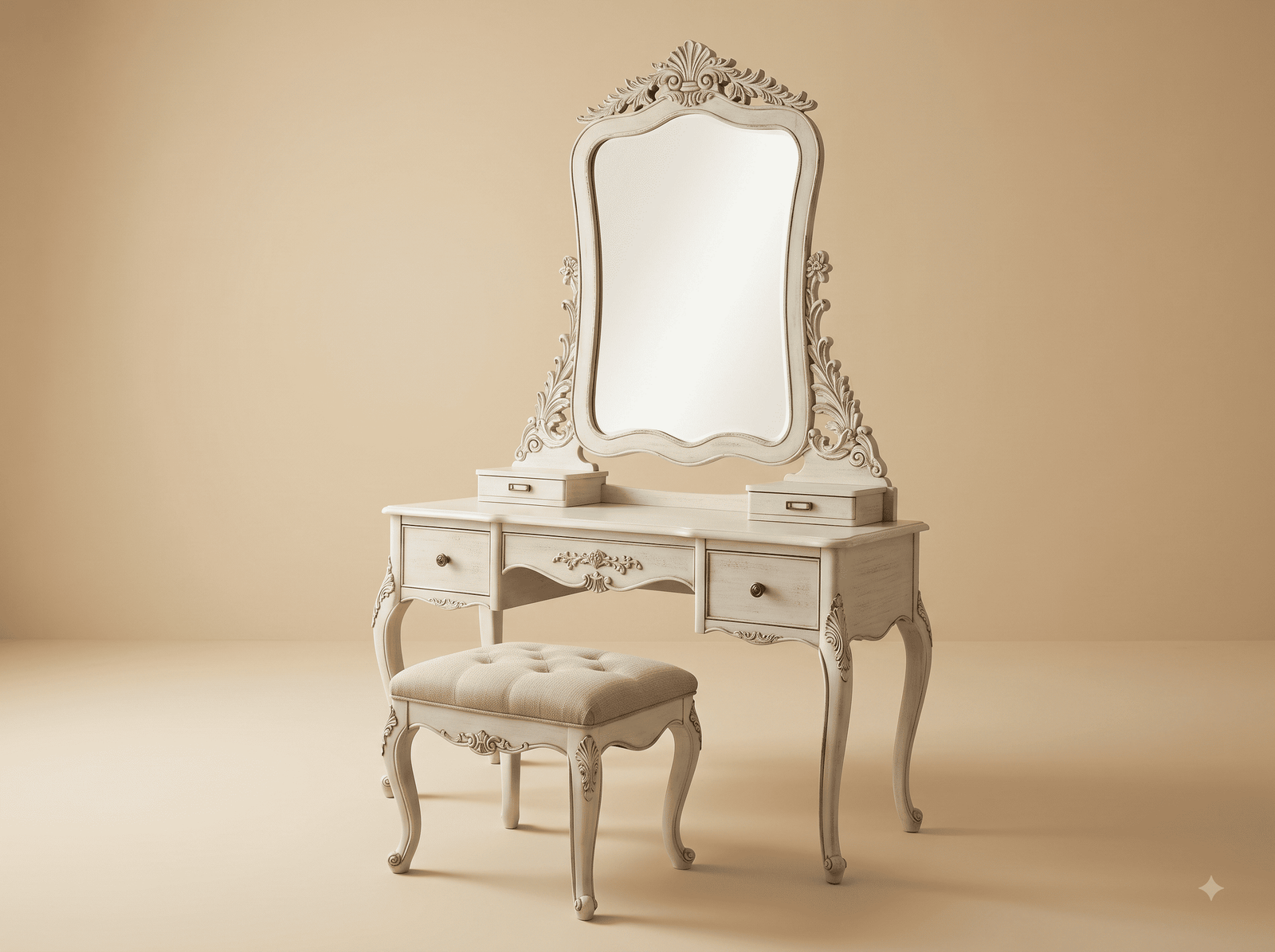 White Dressing Table in Carved Teak - Tall Shaped Mirror with Stool