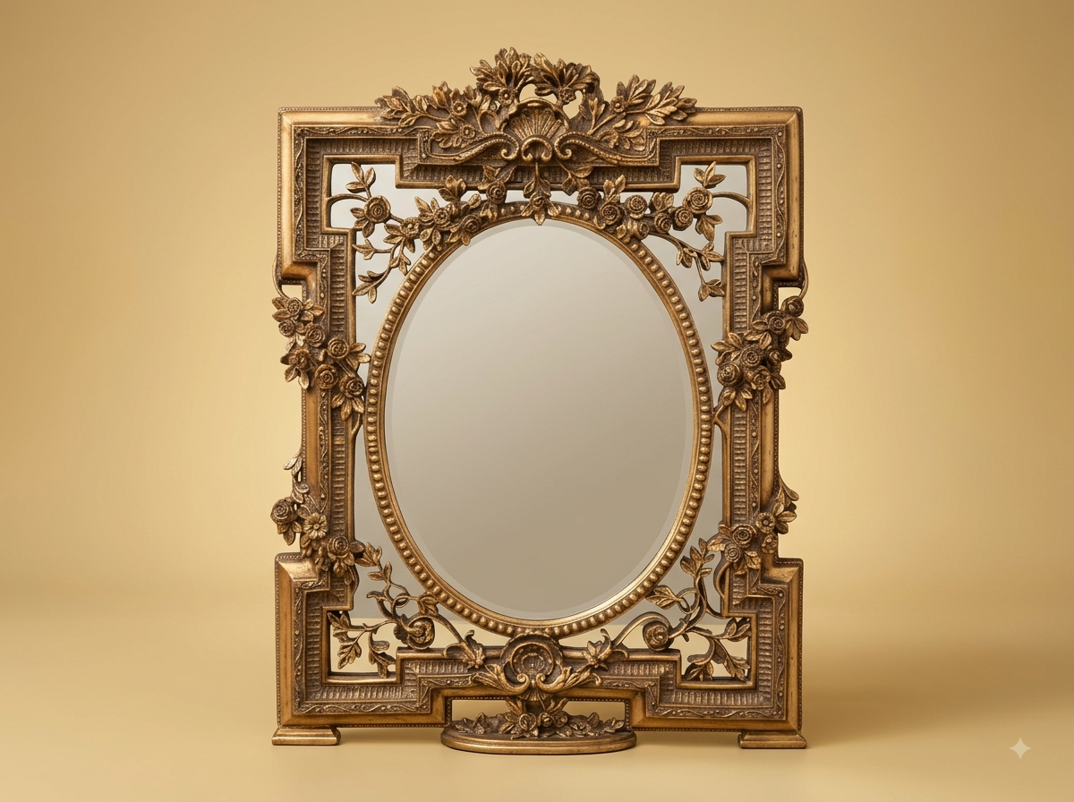 Hand-Carved Teak Wood Oval Wall Mirror | Gold Floral Crest Greek Key Frame