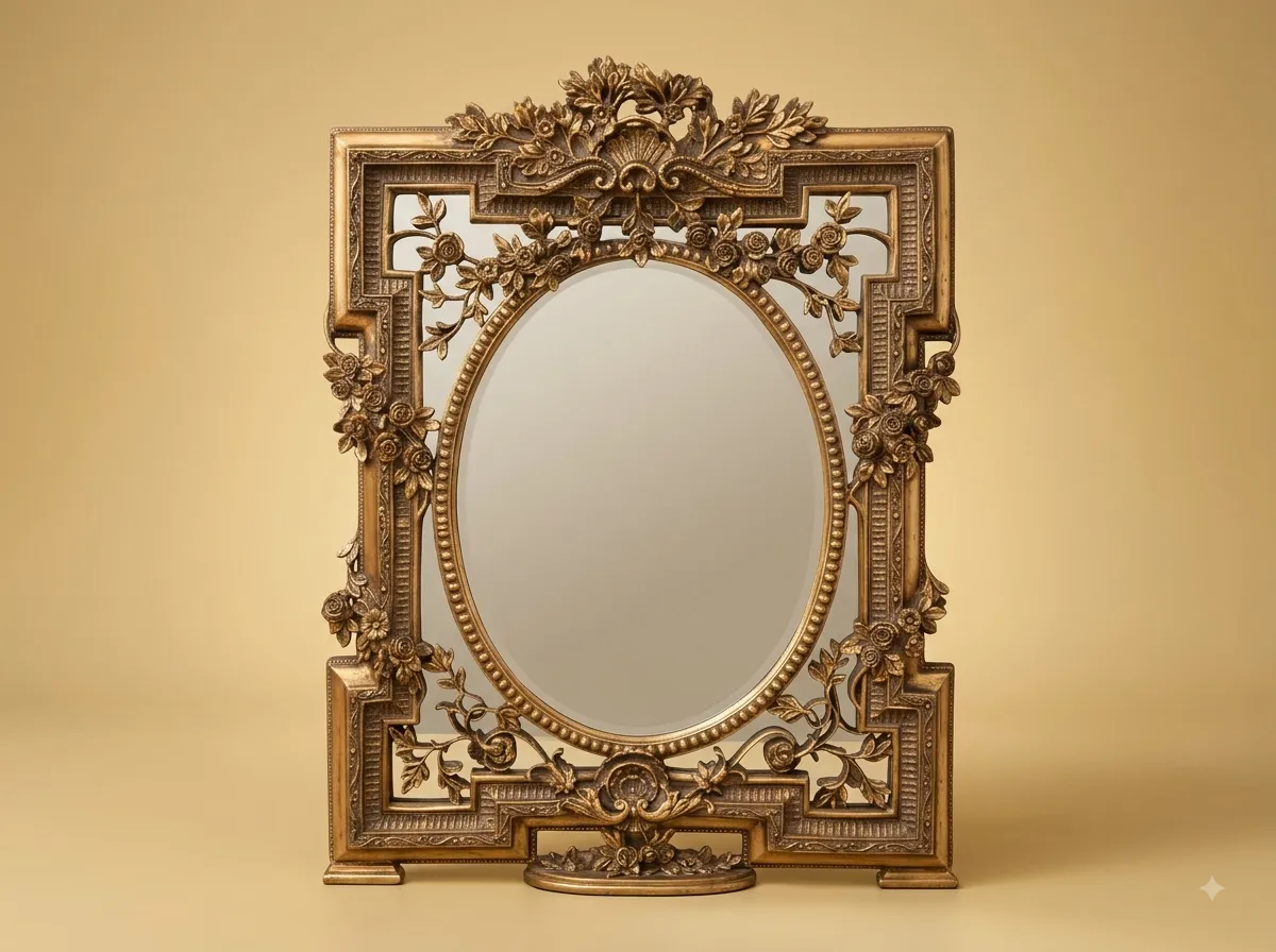 Hand-Carved Teak Wood Oval Wall Mirror | Gold Floral Crest Greek Key Frame