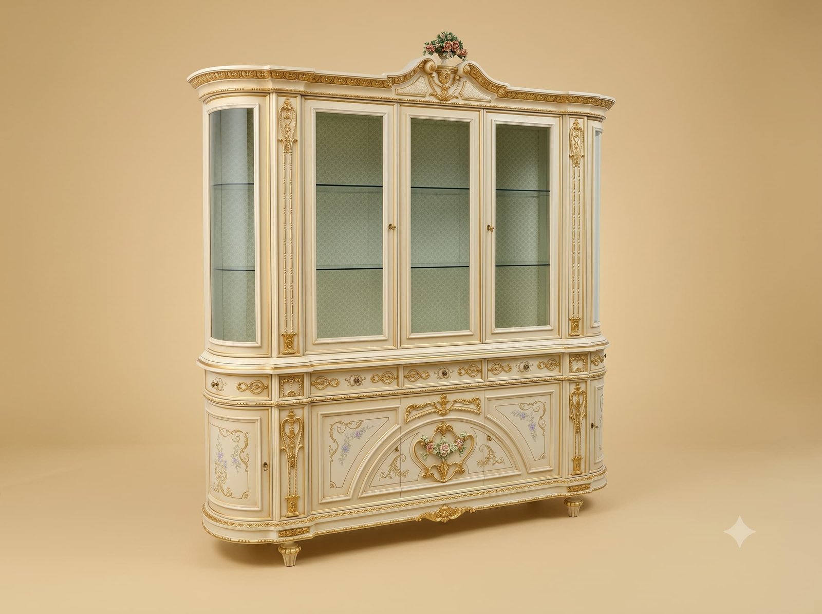 Dining Room Cabinet in Carved Teak with Fabric Lined Display