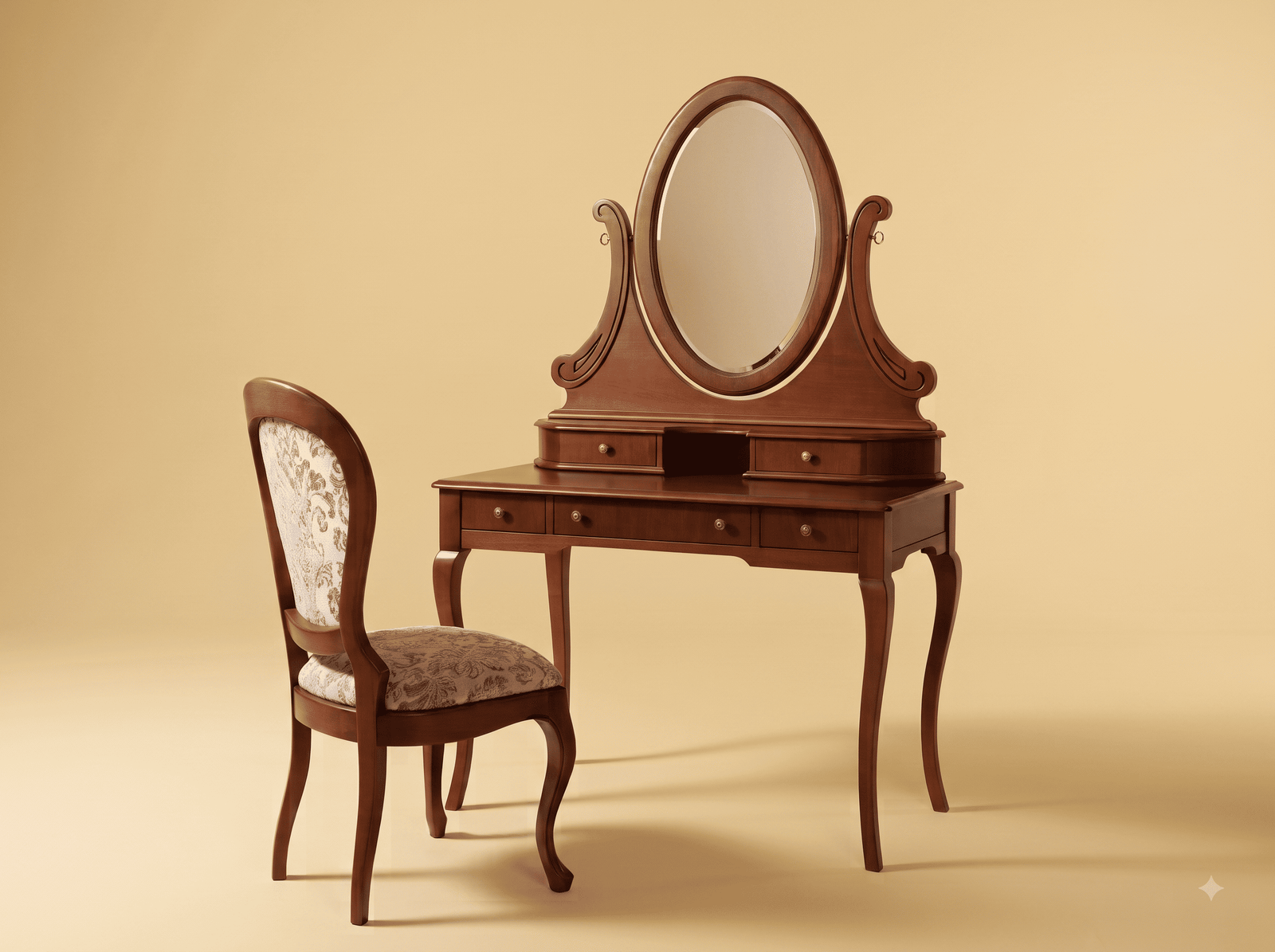Makeup Vanity Table in Carved Teak - Oval Mirror with Matching Chair