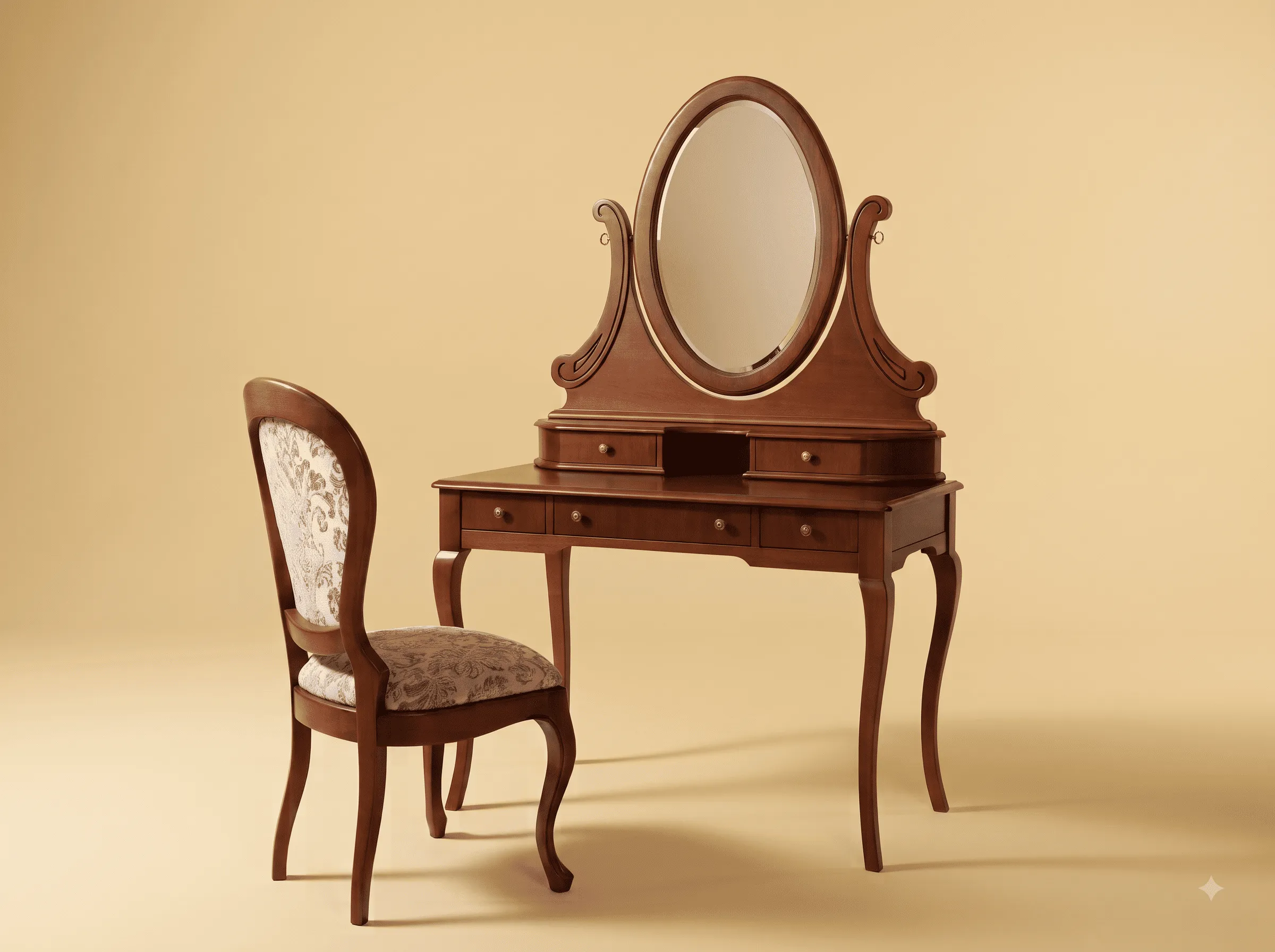 Makeup Vanity Table in Carved Teak - Oval Mirror with Matching Chair